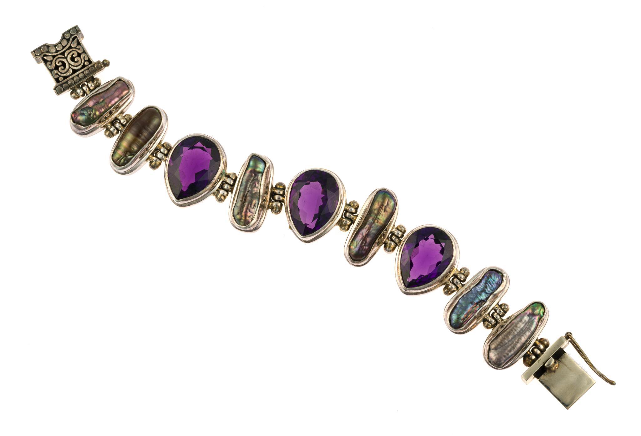 Sterling Silver, Amethyst, and Abalone Bracelet