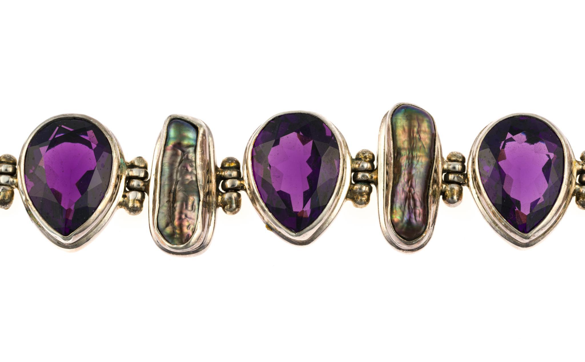 Sterling Silver, Amethyst, and Abalone Bracelet