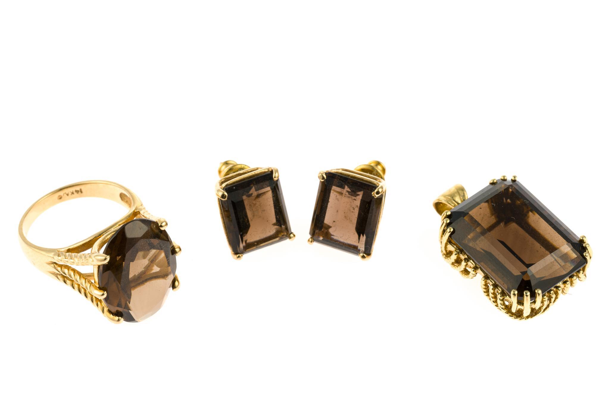 14K Gold and Smoky Quartz Pendant, Earrings, and Ring