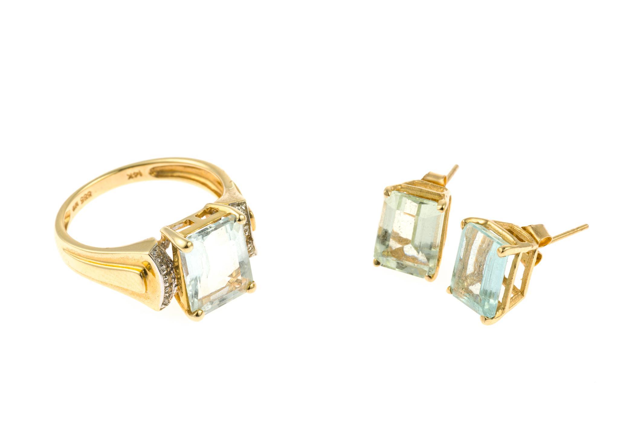 14K Gold and Aquamarine Ring and Earrings Set