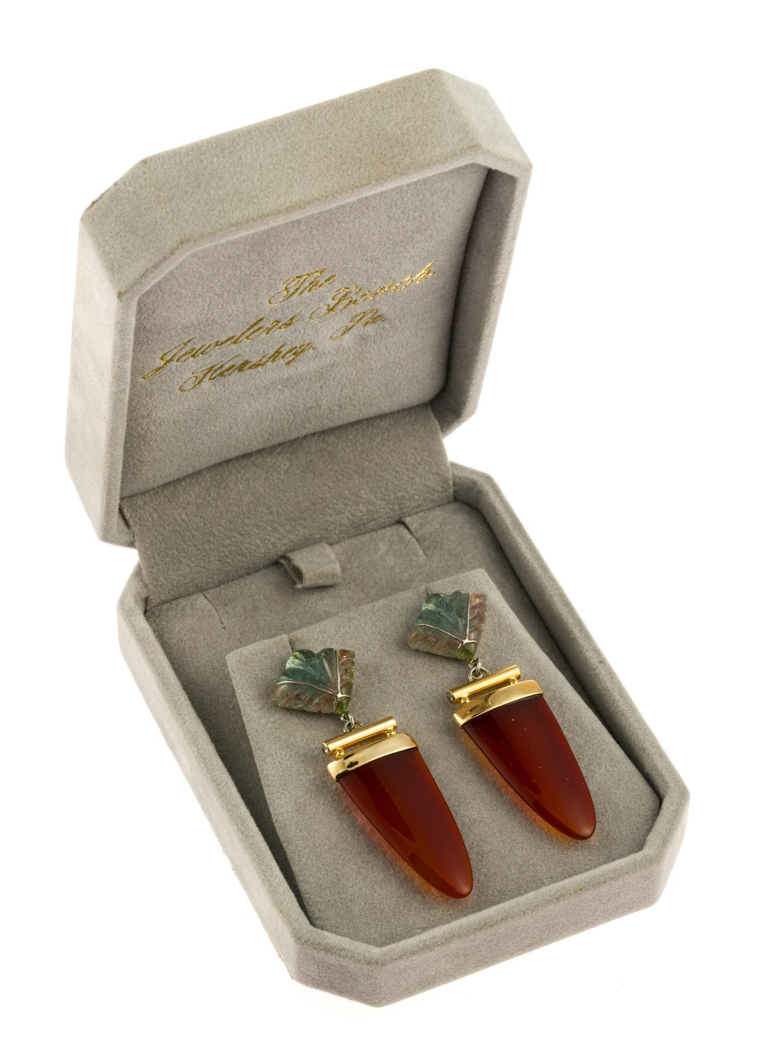14K Gold, Carnelian, and Tourmaline Drop Earrings