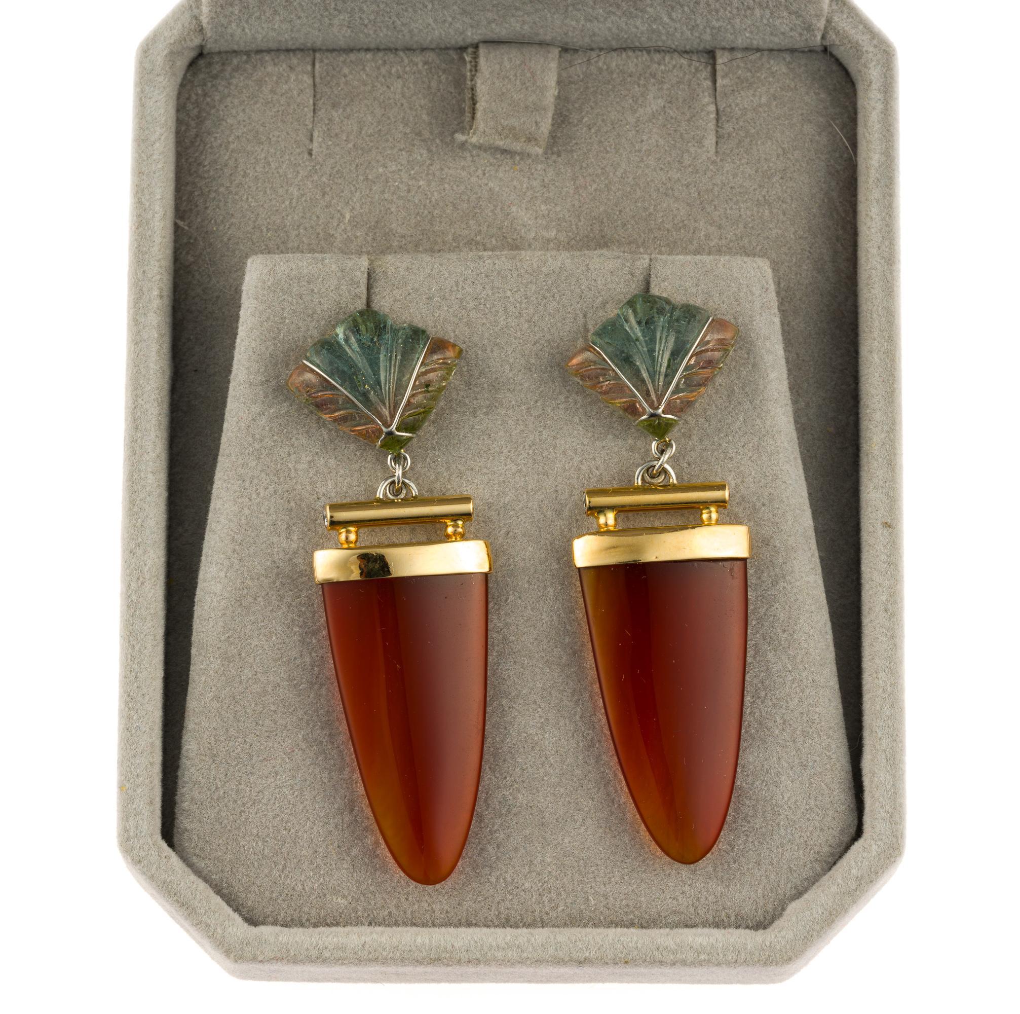 14K Gold, Carnelian, and Tourmaline Drop Earrings