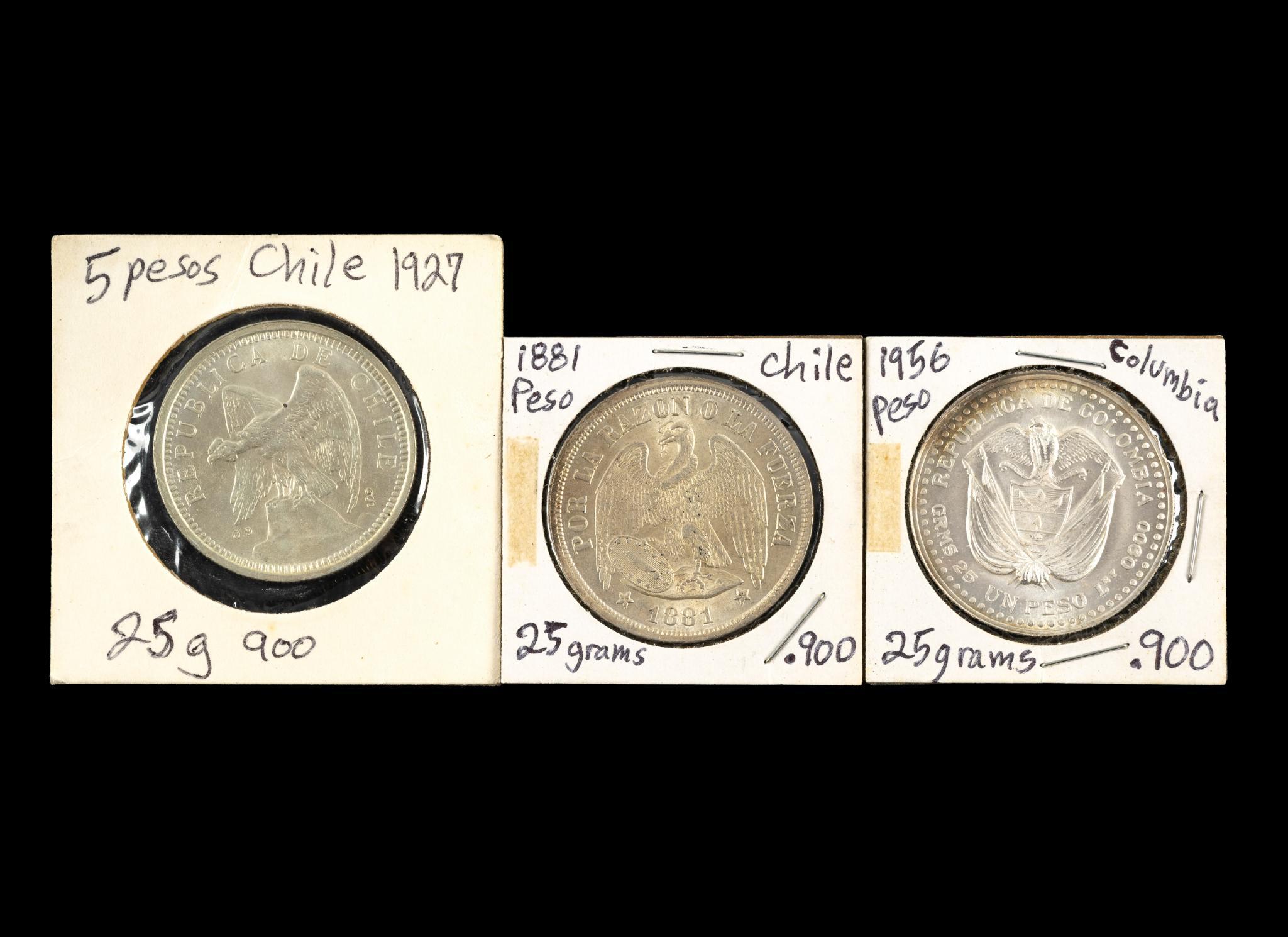 Three Silver Coins Columbia And 1881 Chile Peso