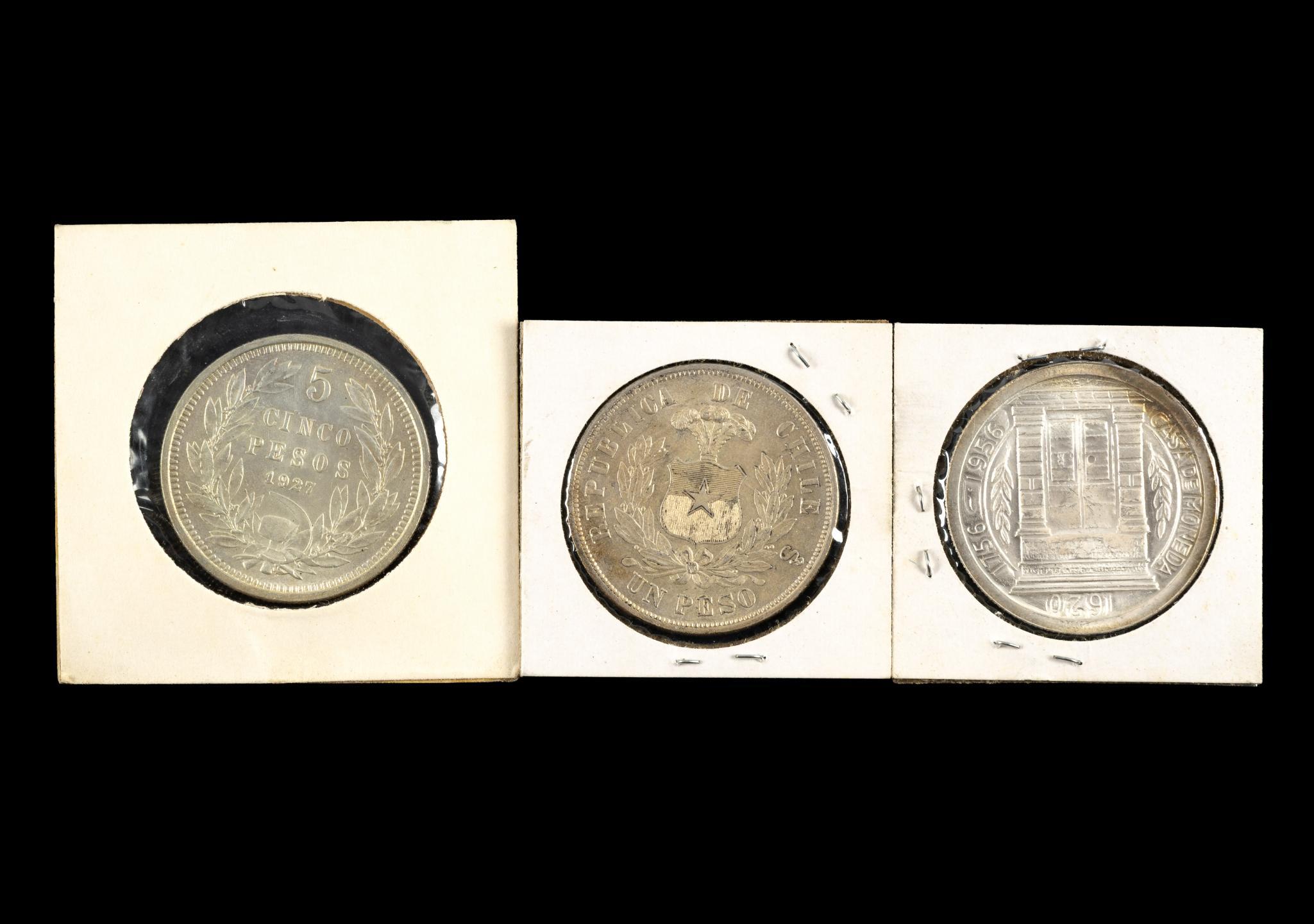 Three Silver Coins Columbia And 1881 Chile Peso