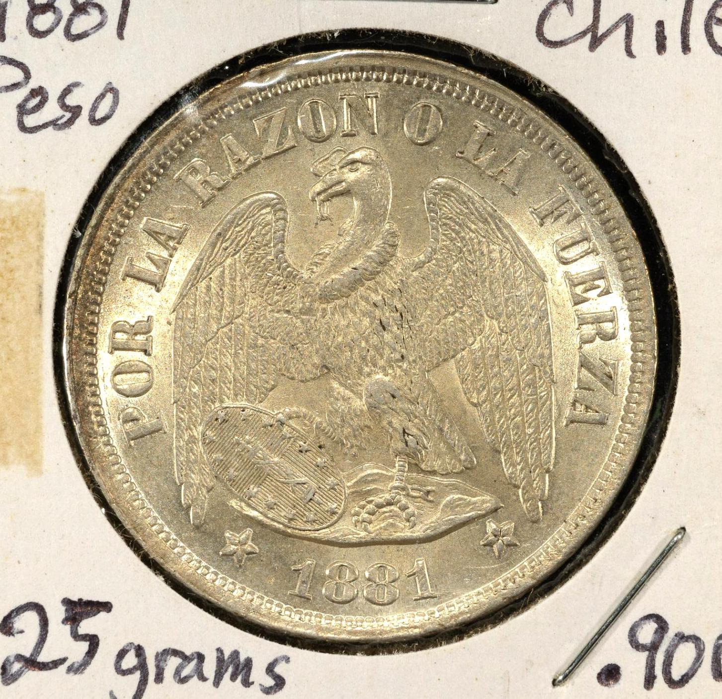 Three Silver Coins Columbia And 1881 Chile Peso