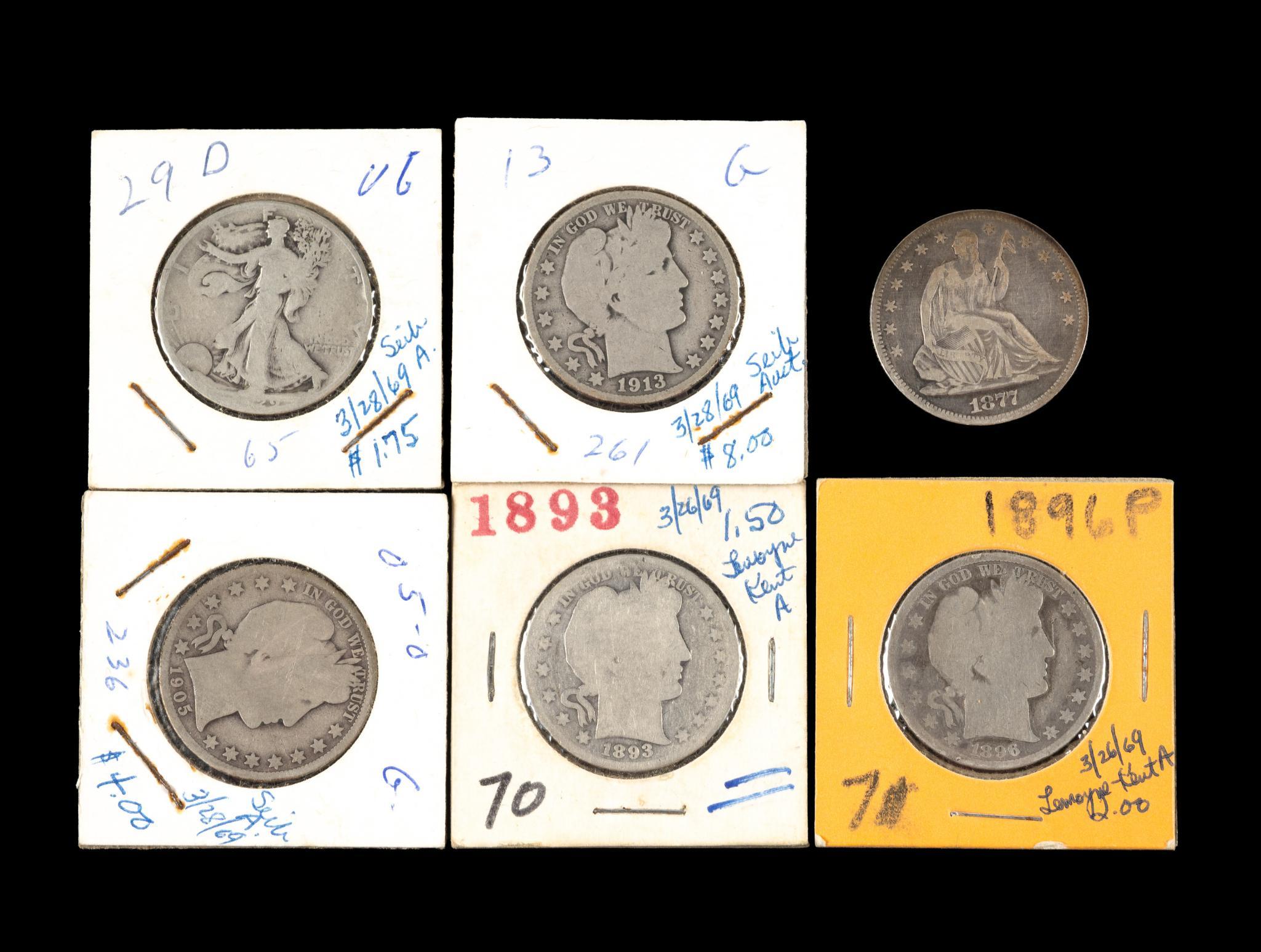 Six Silver Half Dollars Including 1877