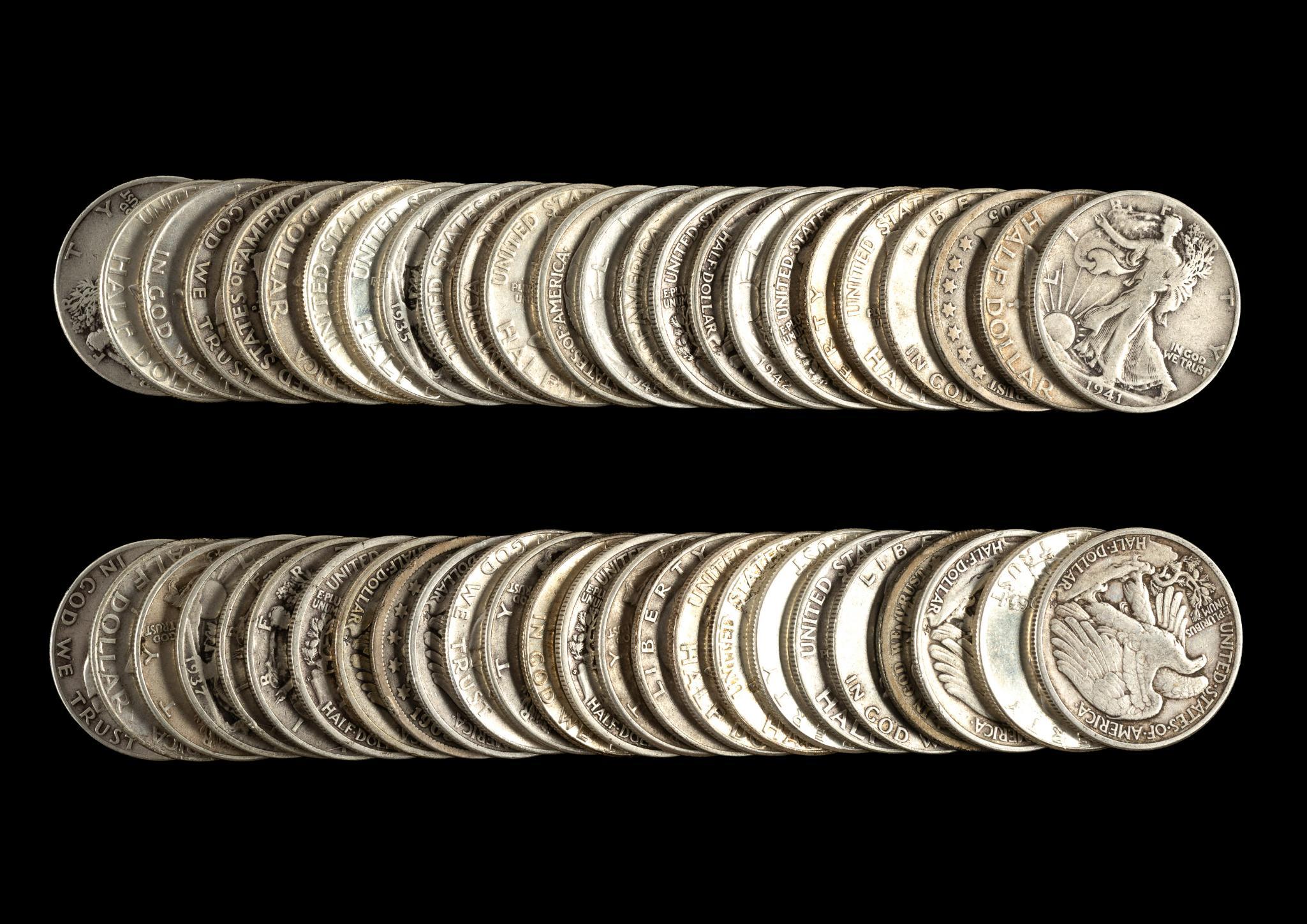 Fifty Silver Half Dollars Franklin Walking Liberty Barber