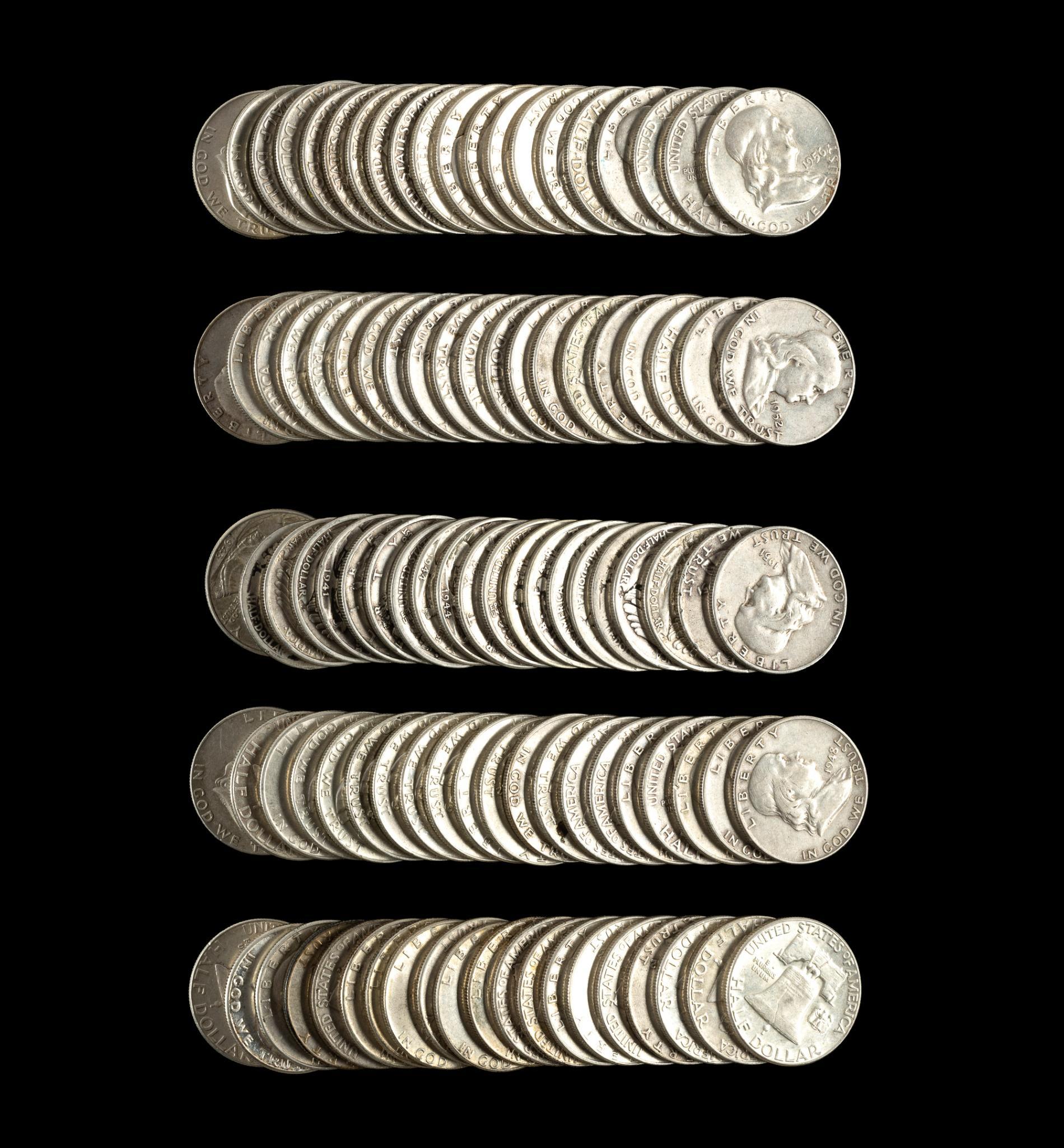 One Hundred Silver Franklin Half Dollars