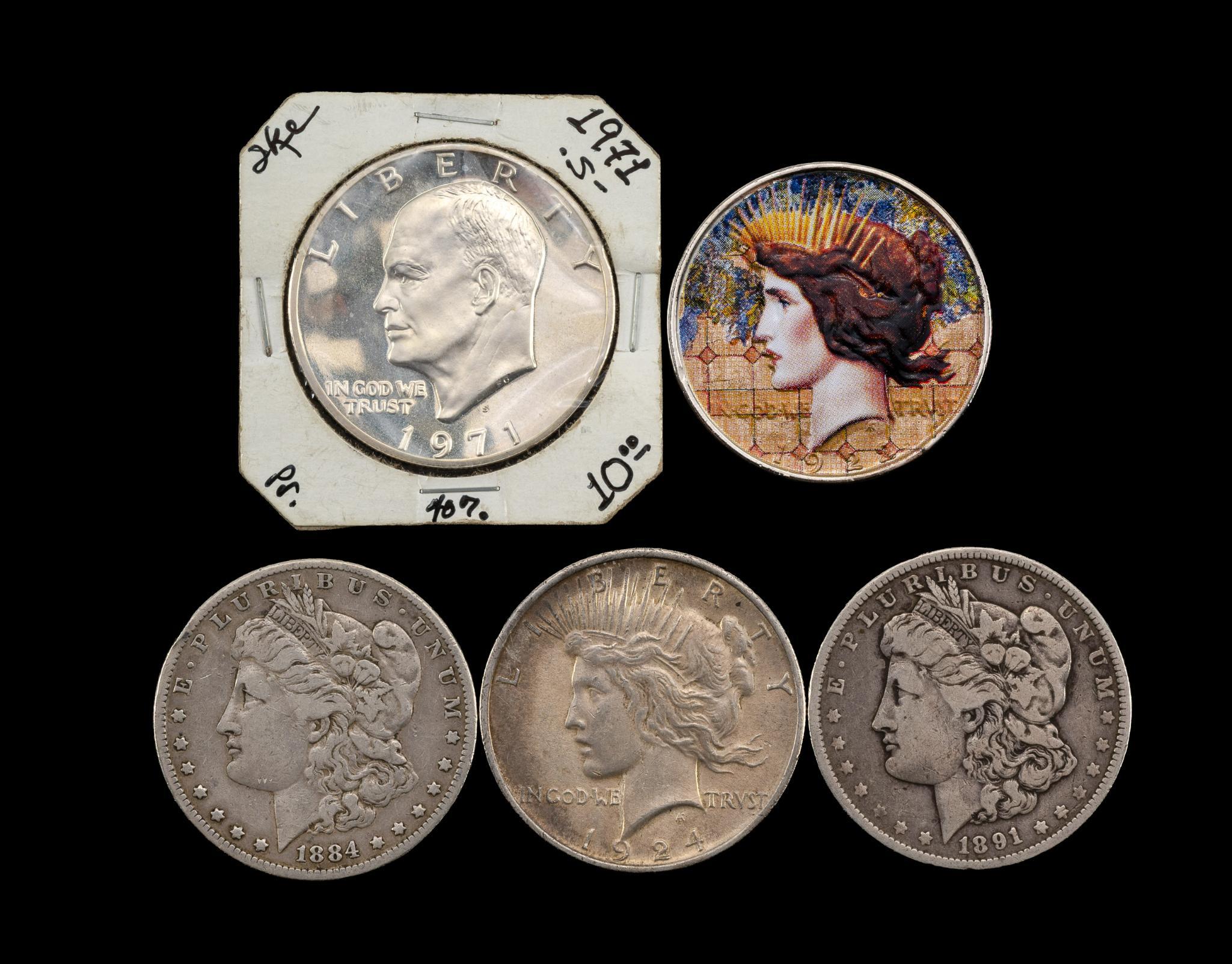 Five Silver Dollars Including Morgan