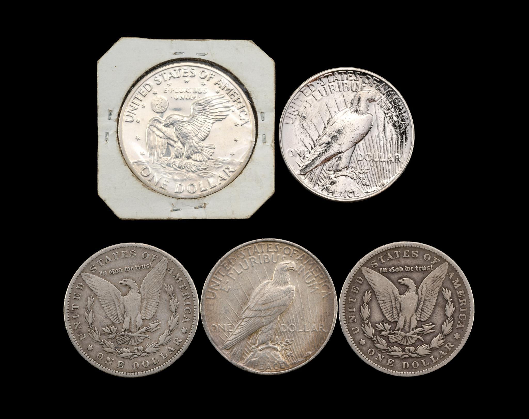 Five Silver Dollars Including Morgan