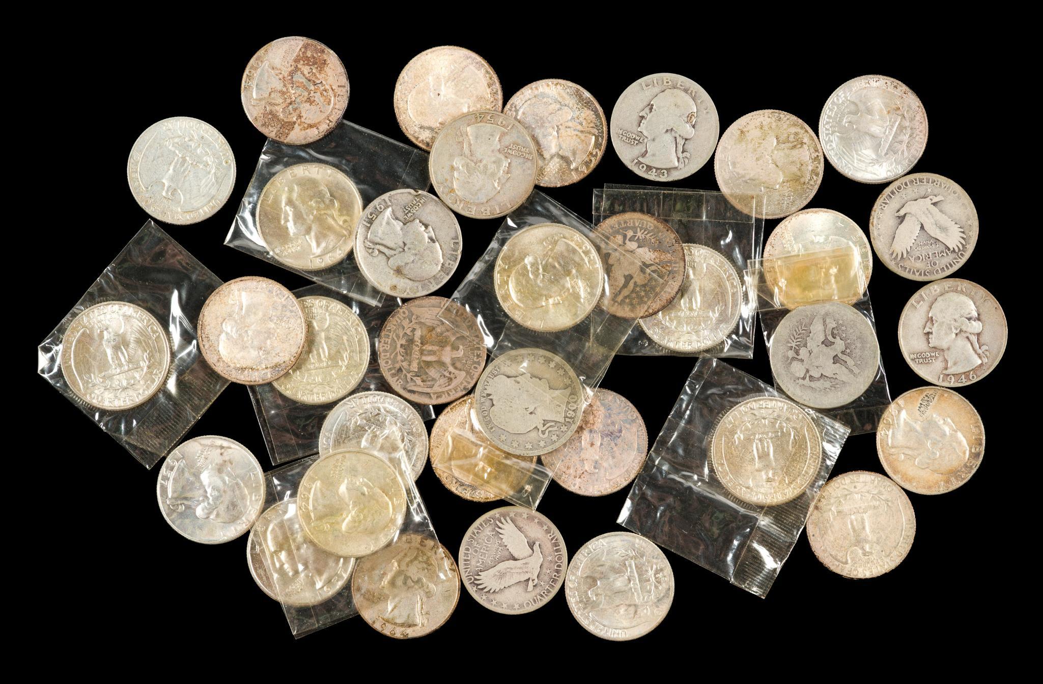 Thirty Four Silver Quarters Barber Standing Liberty Washington