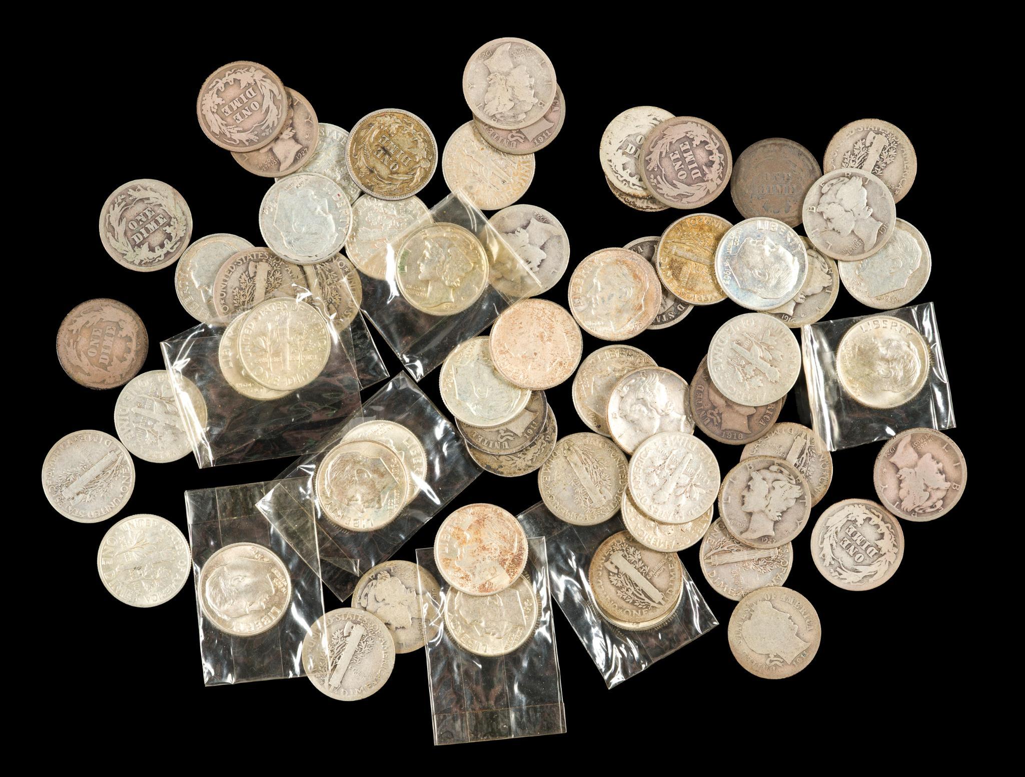 Sixty Silver Dimes Including Barber Mercury Roosevelt
