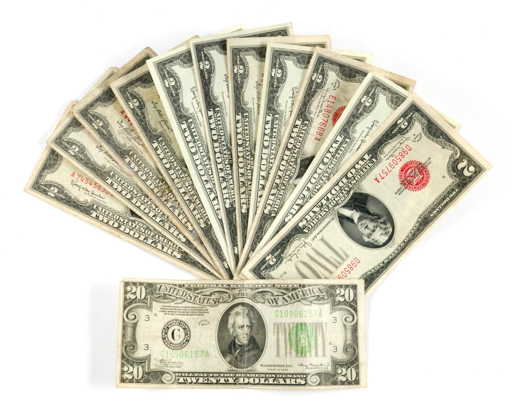 1934 $20 Federal Reserve Note and Red Seal $2