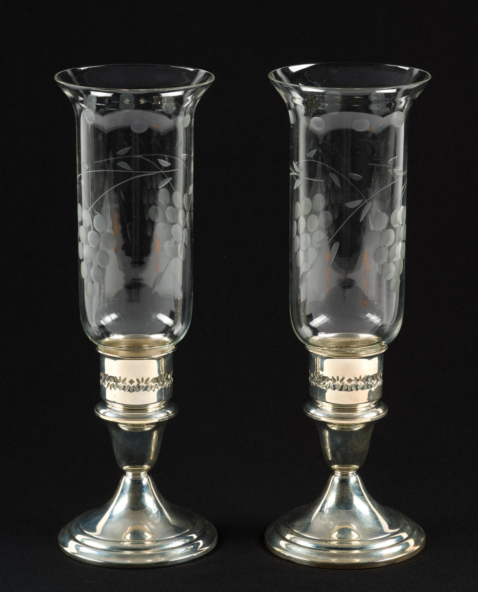 Gorham Silver Mounted Hurricane Candlestick Lamps