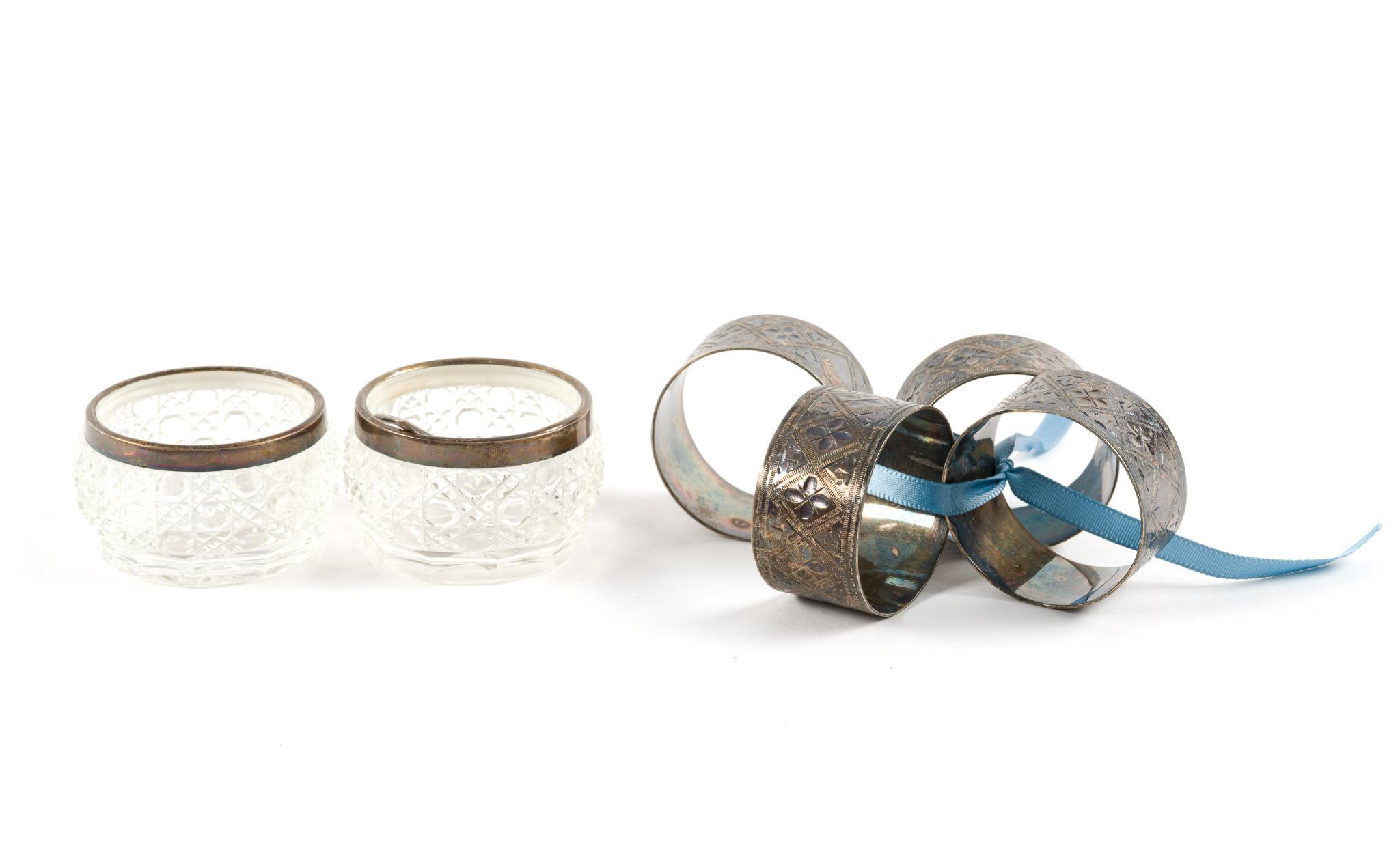 Sterling Silver and Glass Salt Cellars, and Silverplate