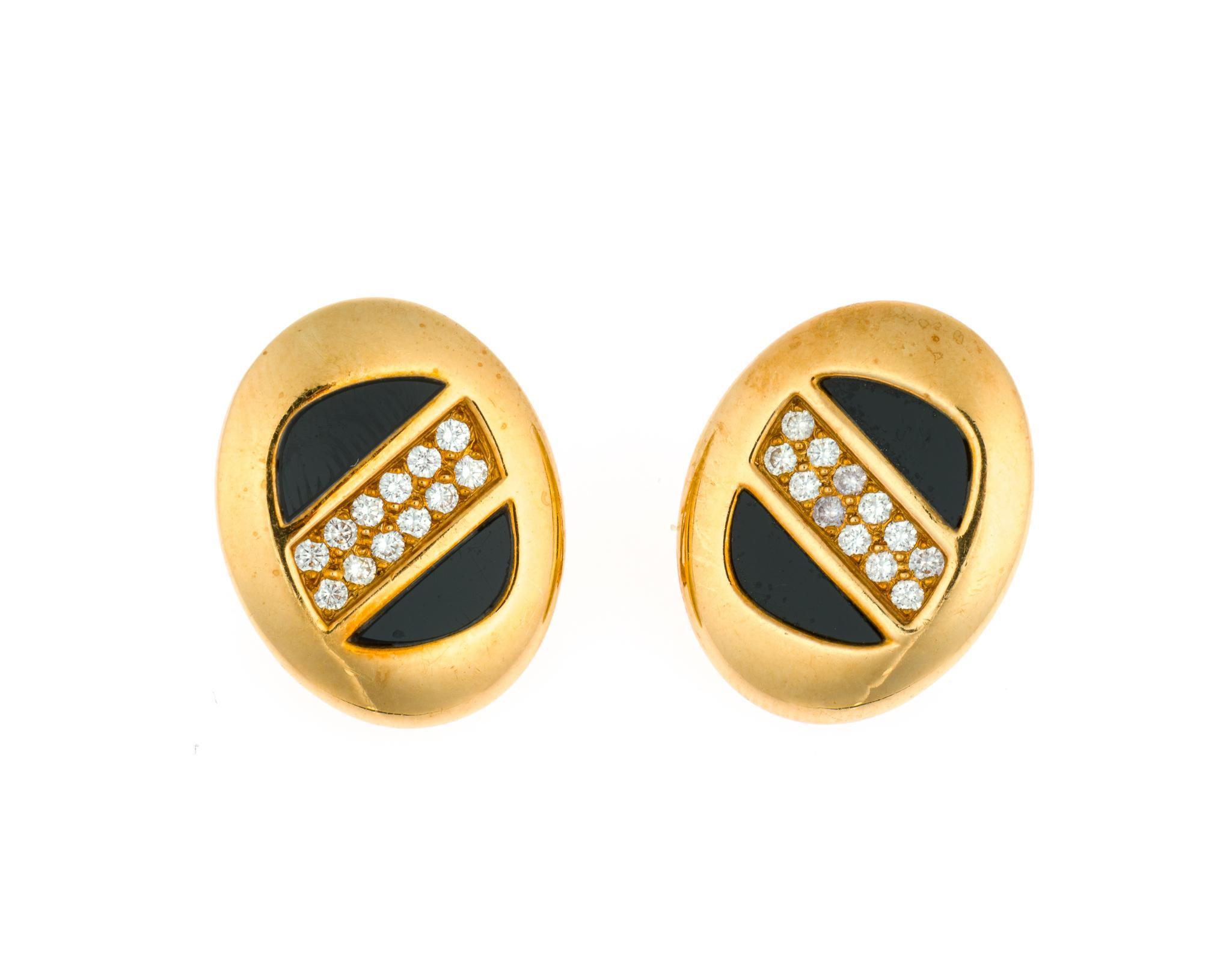 Vintage 18K Gold, Onyx, and Diamond Earrings