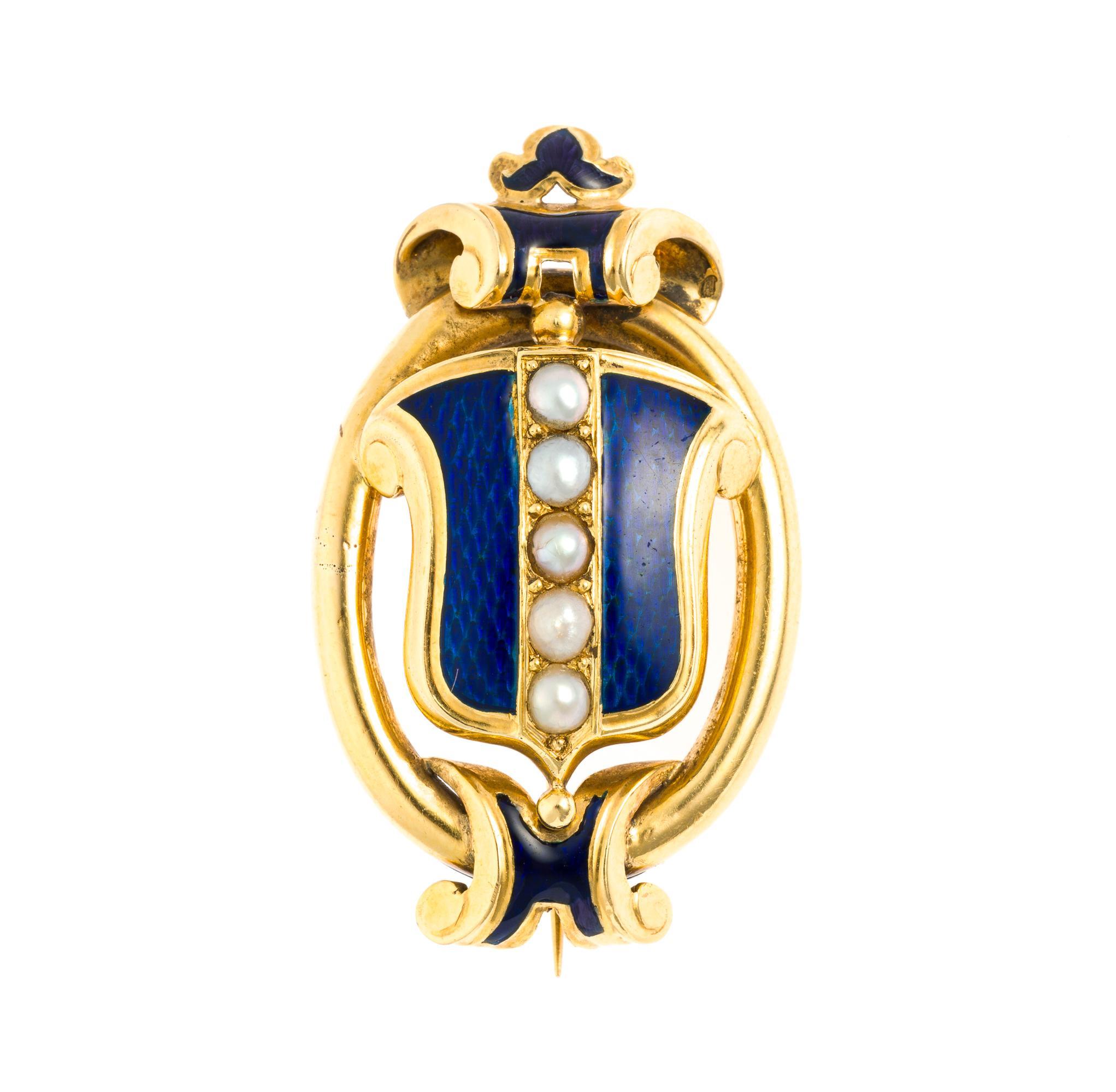 Victorian 18K Gold, Enamel, and Seed Pearl Pendant Brooch