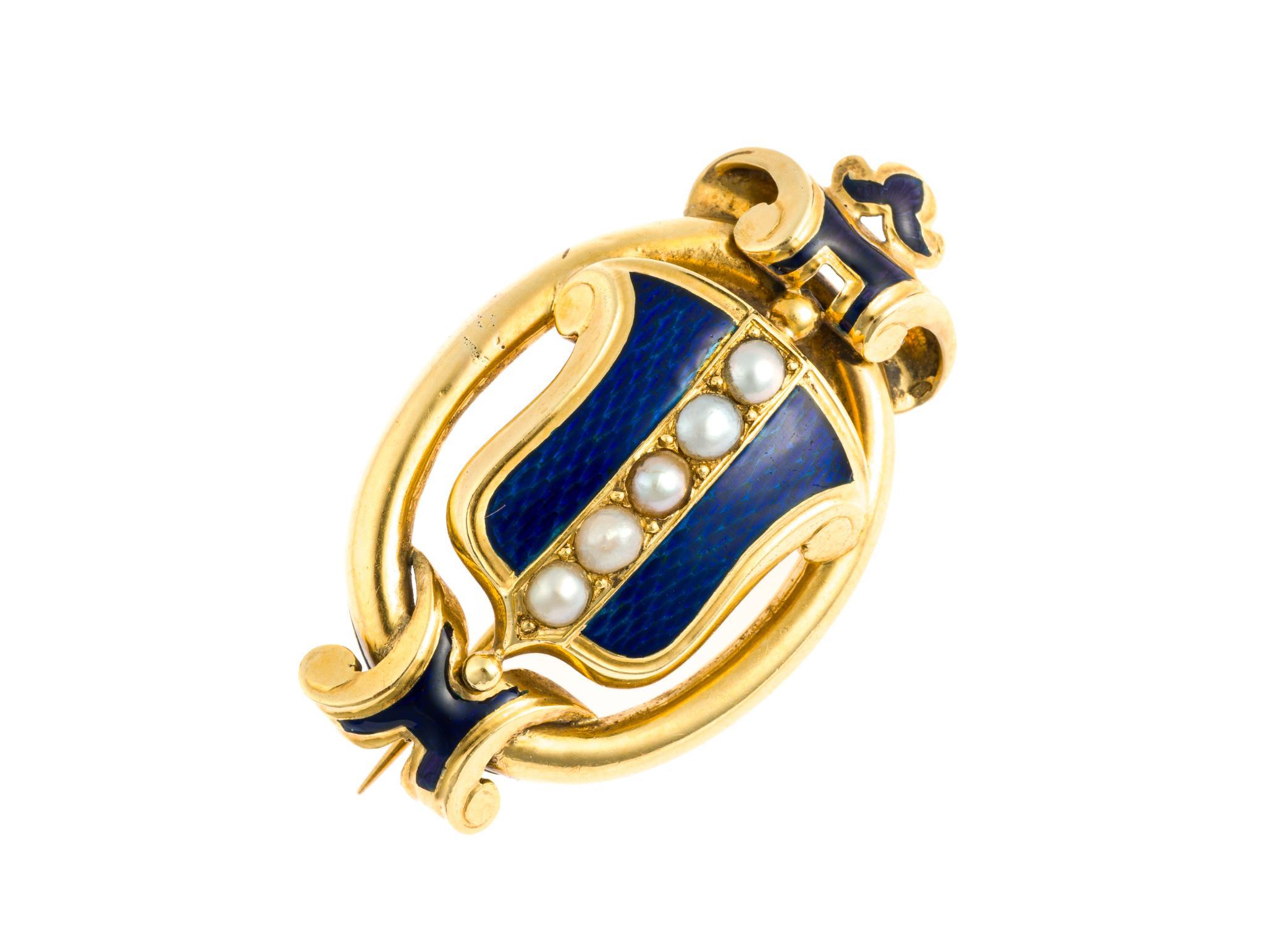 Victorian 18K Gold, Enamel, and Seed Pearl Pendant Brooch