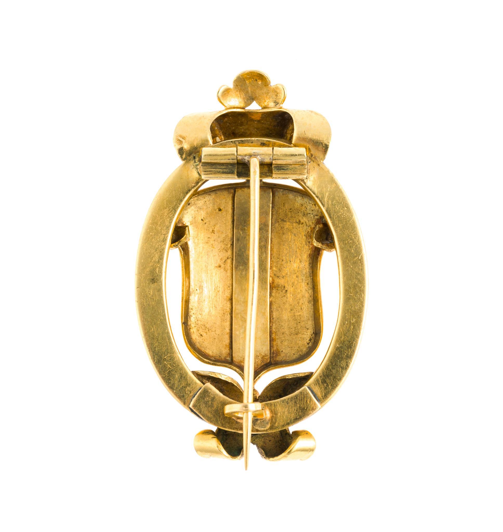 Victorian 18K Gold, Enamel, and Seed Pearl Pendant Brooch