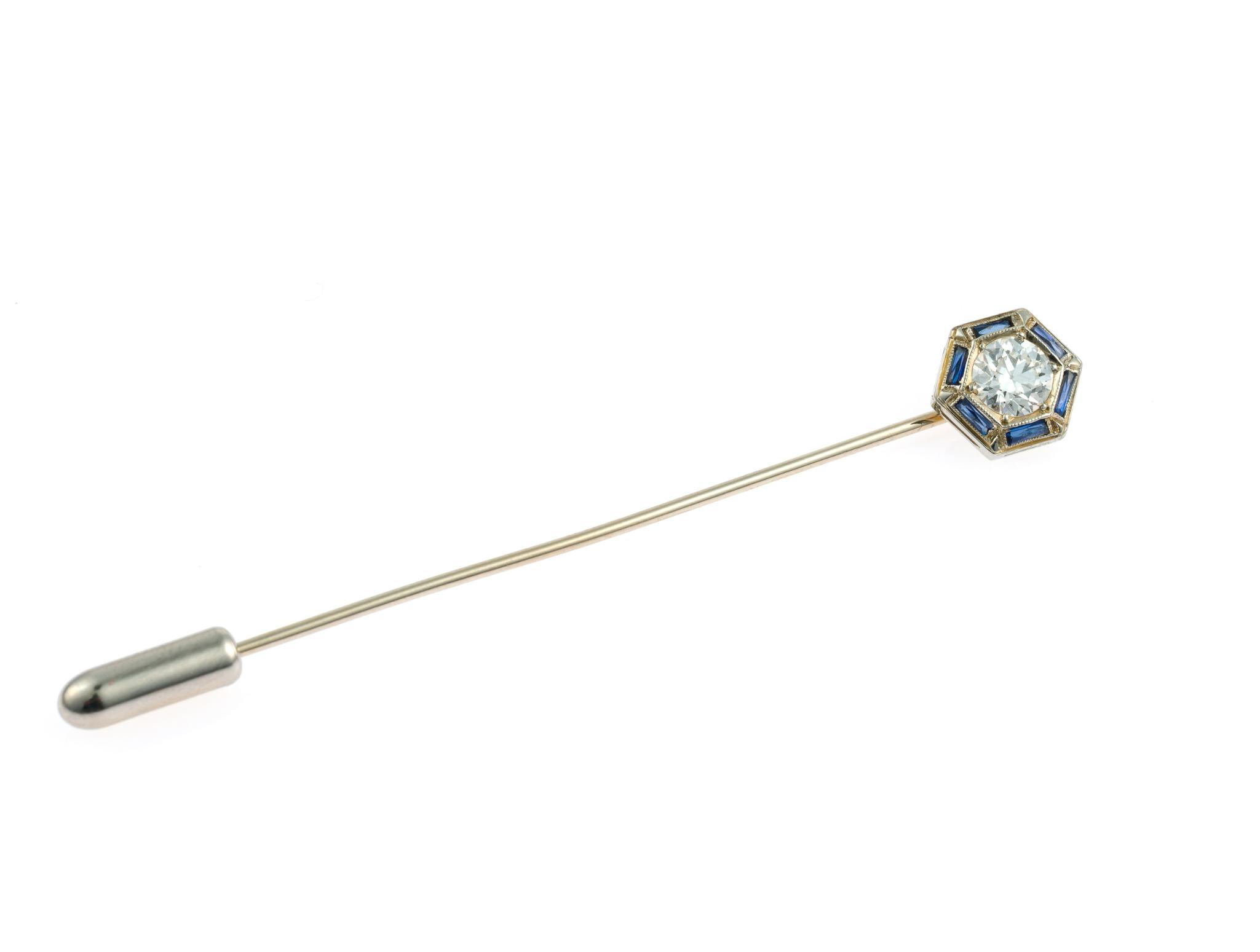 Art Deco 18K Gold, Diamond, and Sapphire Stick Pin