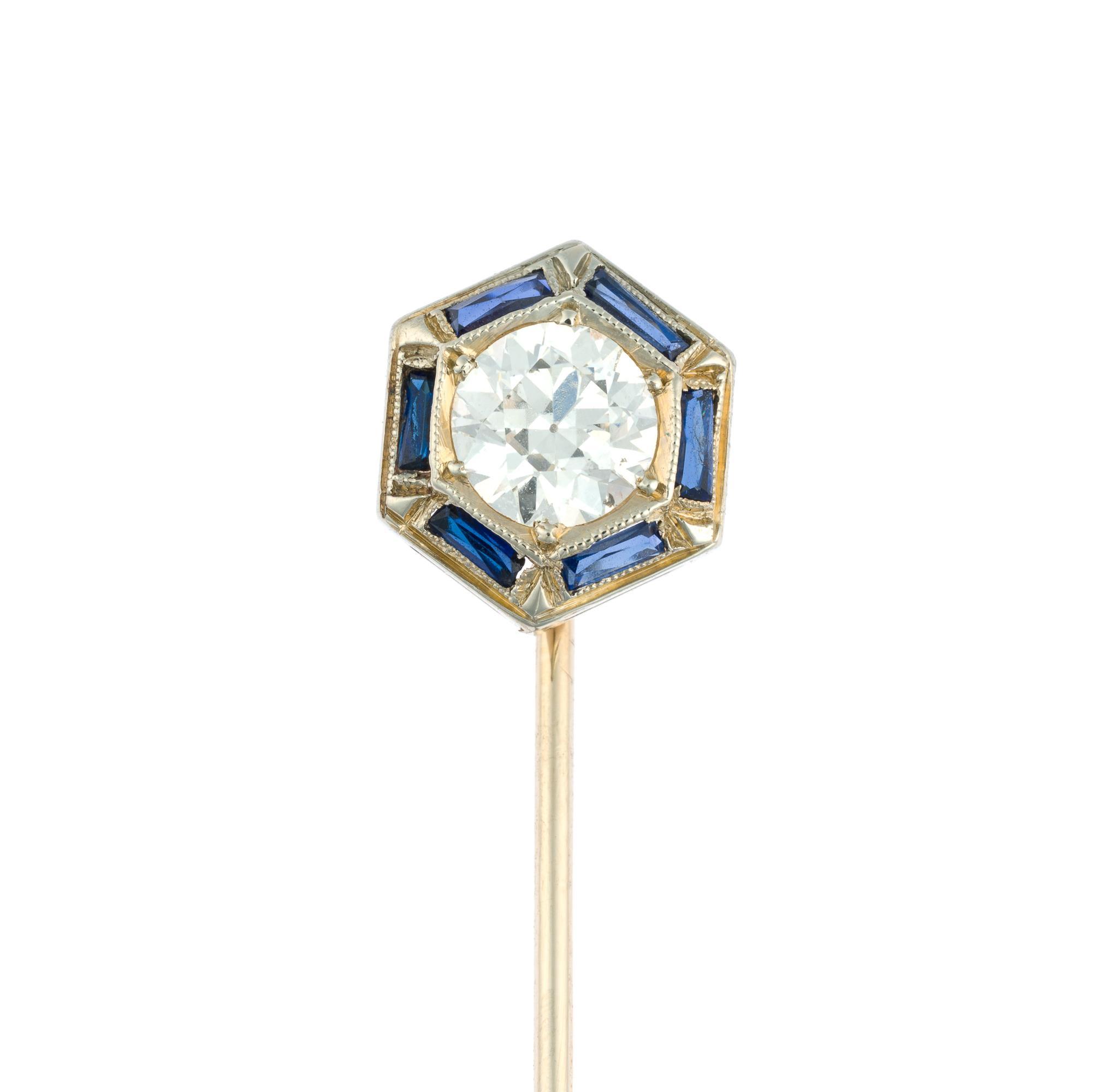 Art Deco 18K Gold, Diamond, and Sapphire Stick Pin