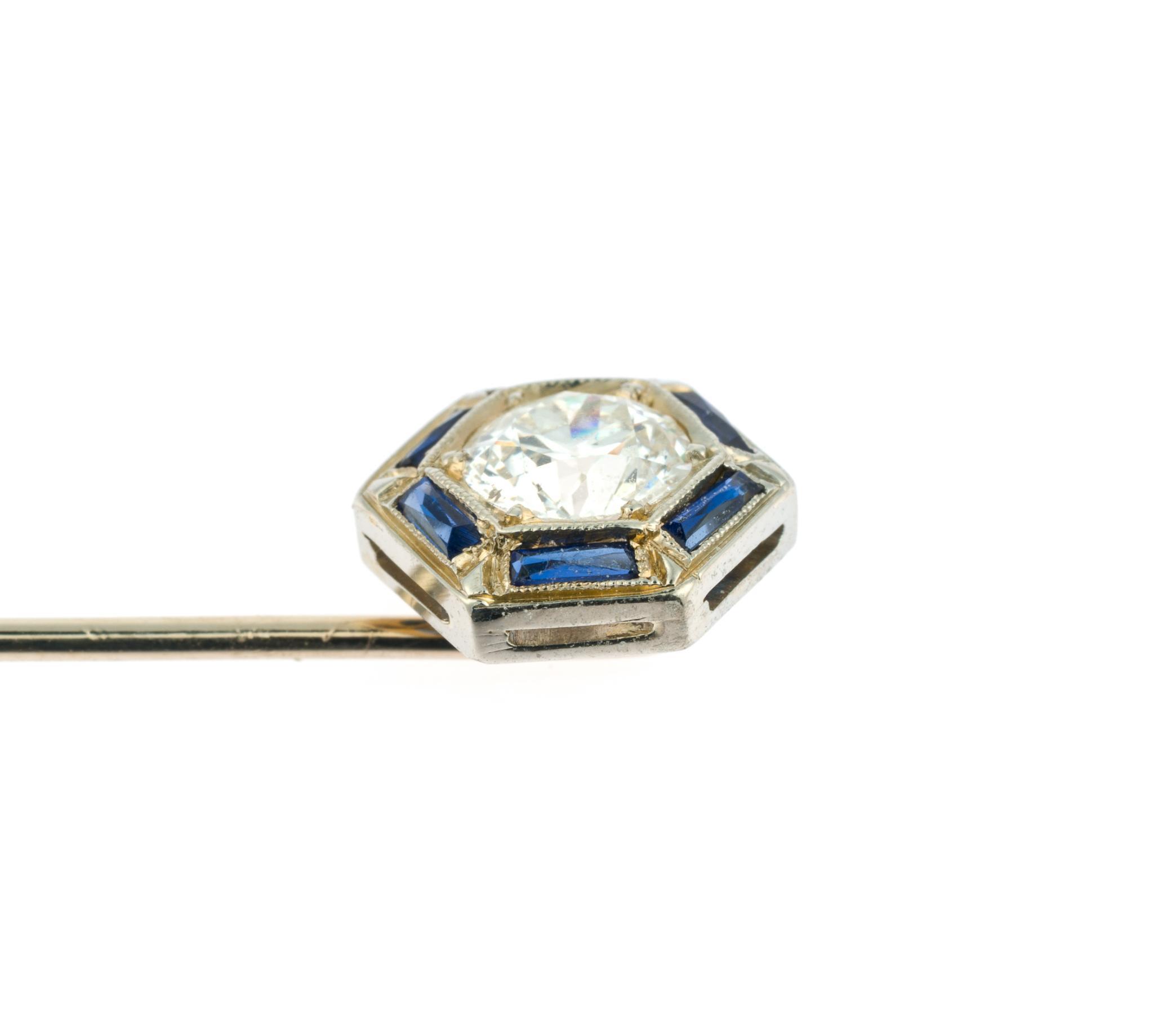 Art Deco 18K Gold, Diamond, and Sapphire Stick Pin