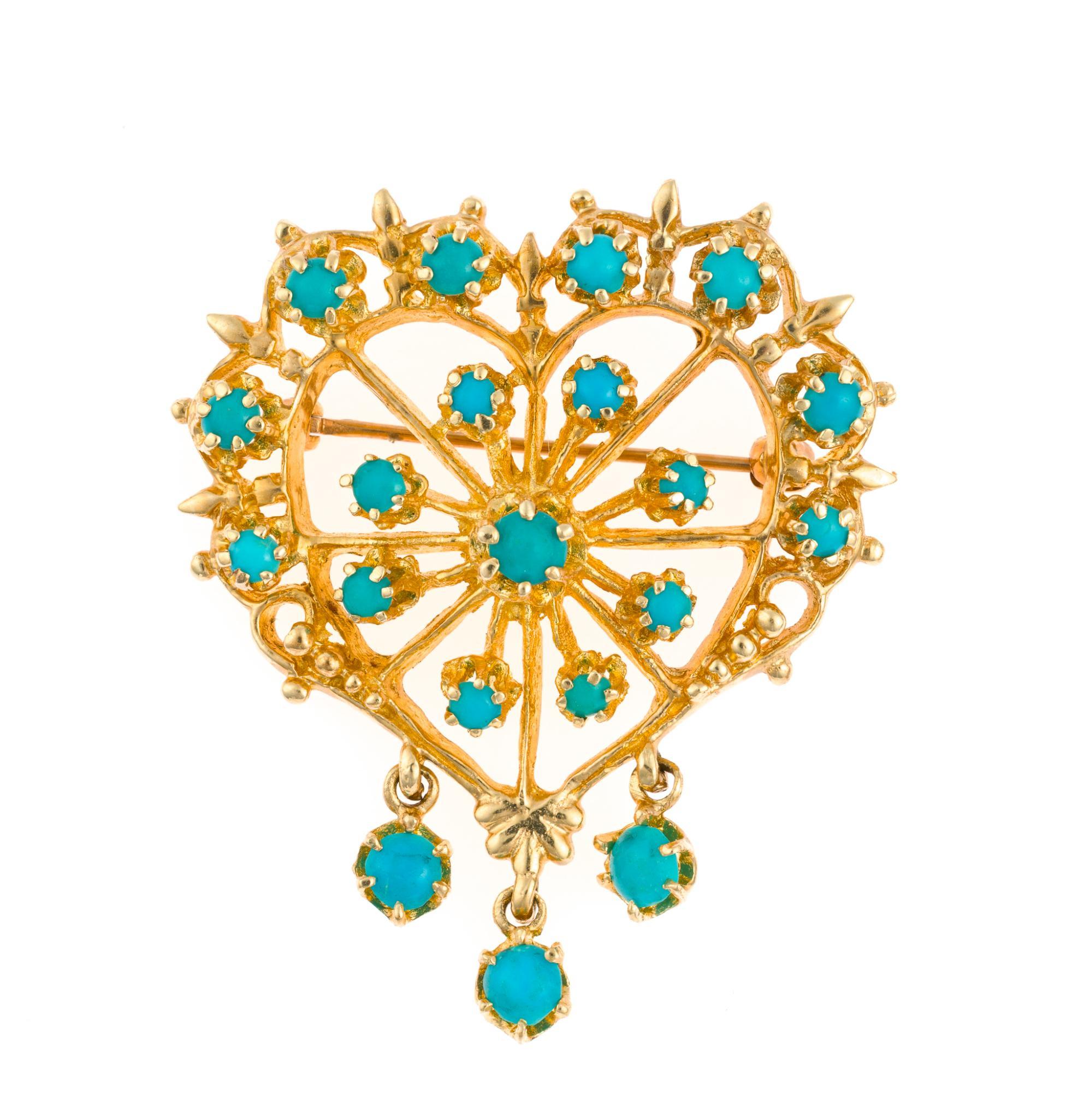 Victorian 14K Gold and Turquoise Heart Brooch