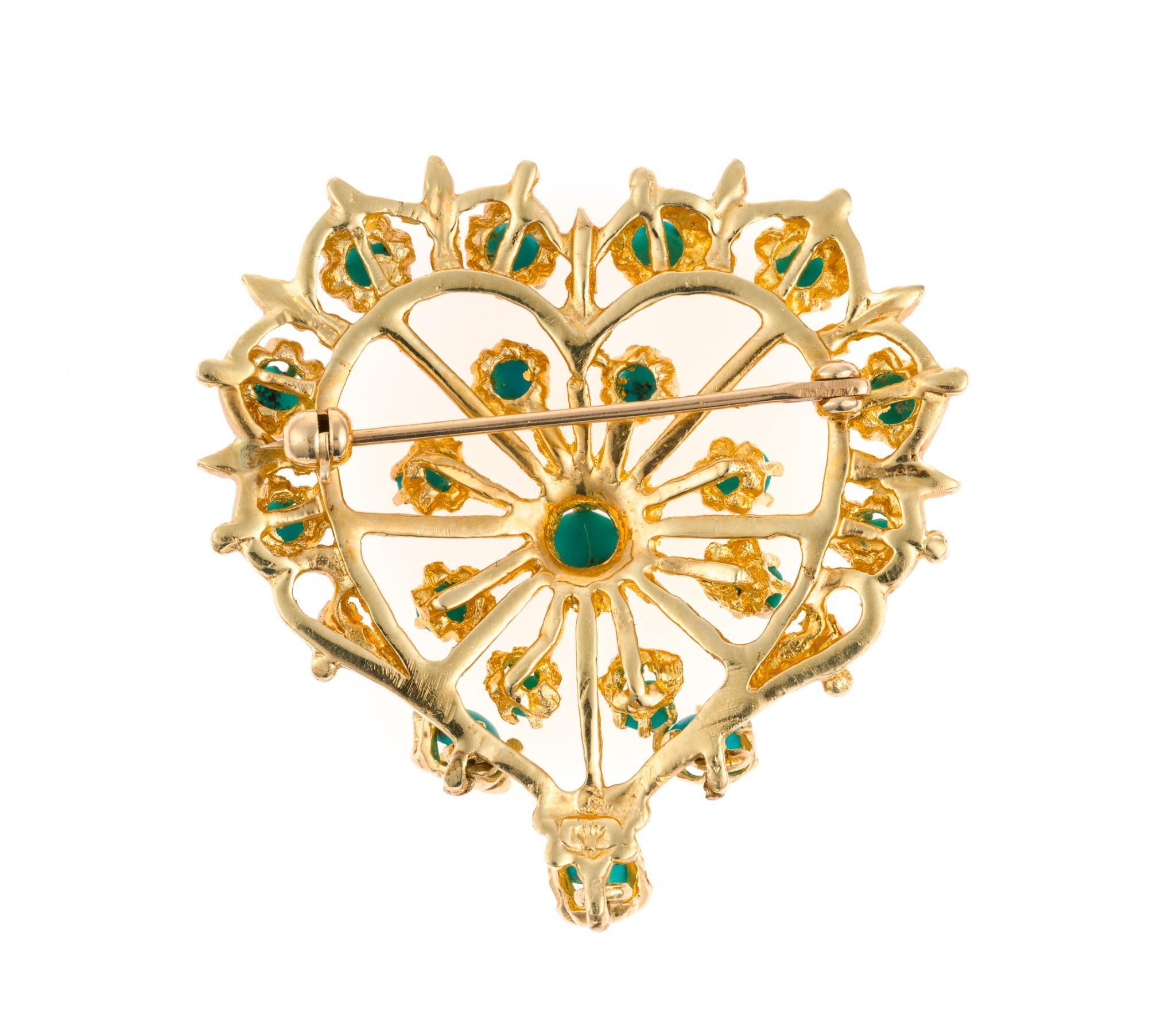 Victorian 14K Gold and Turquoise Heart Brooch