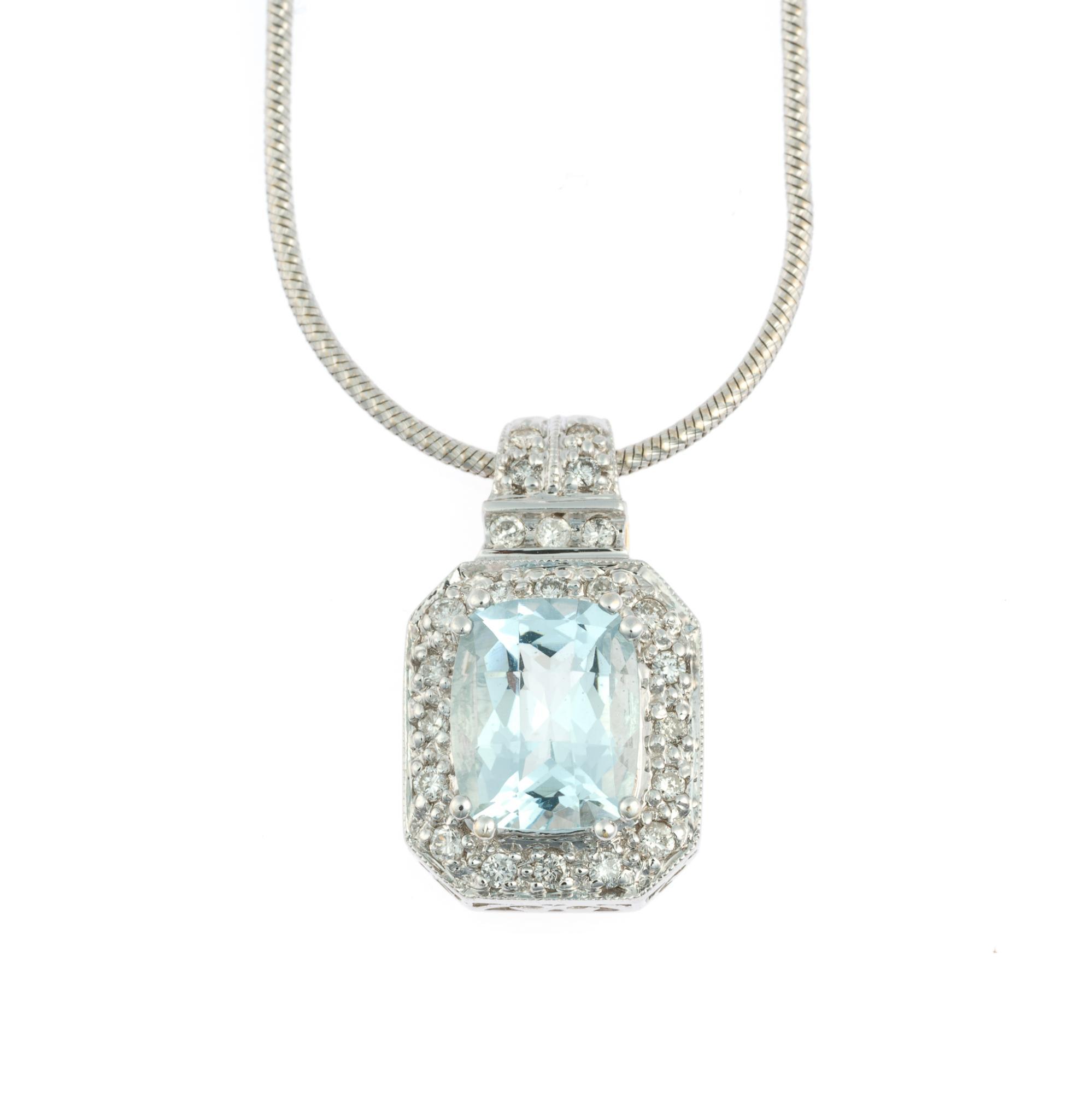 14K Gold, Aquamarine, and Diamond Halo Pendant Necklace