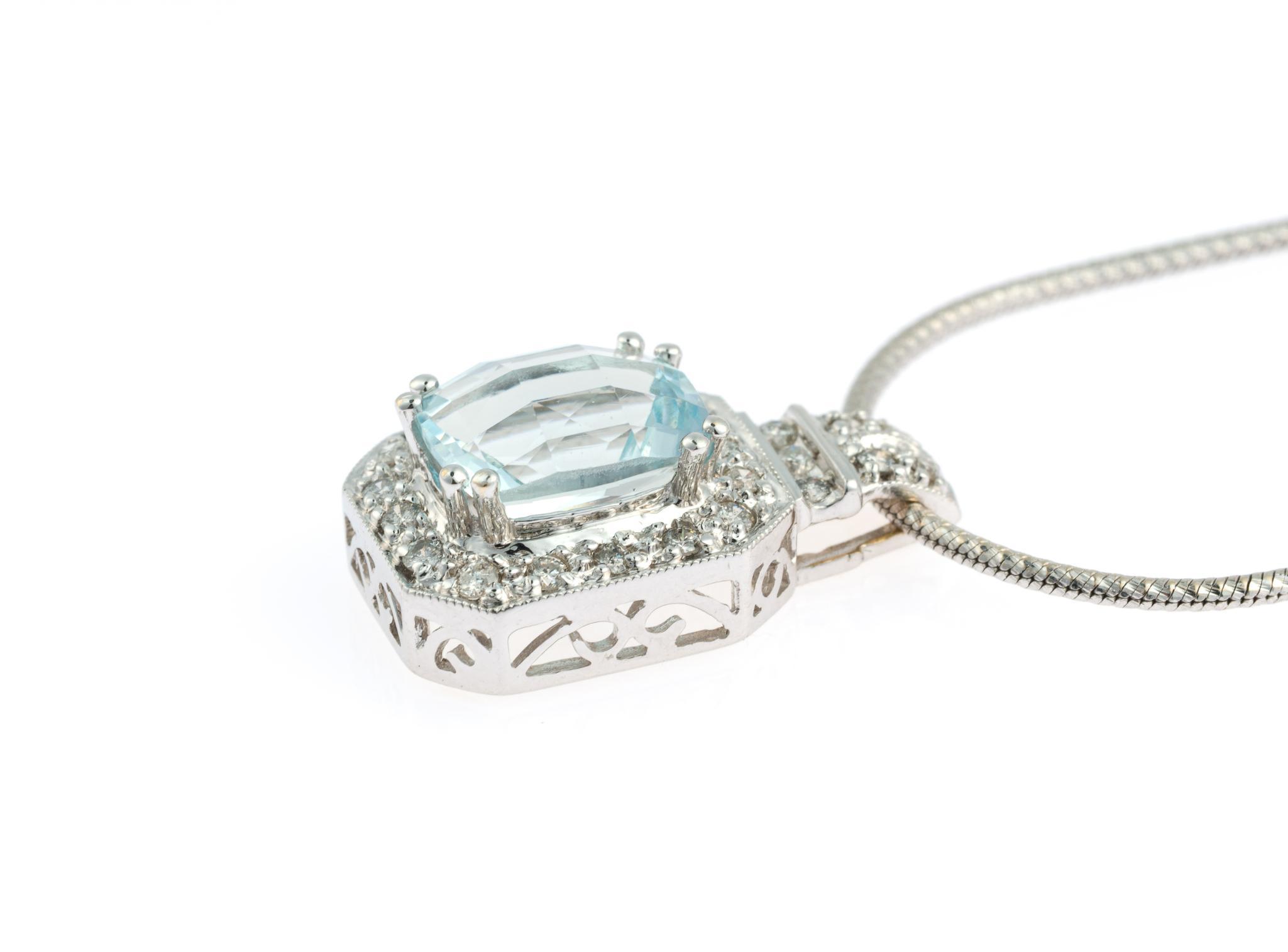 14K Gold, Aquamarine, and Diamond Halo Pendant Necklace