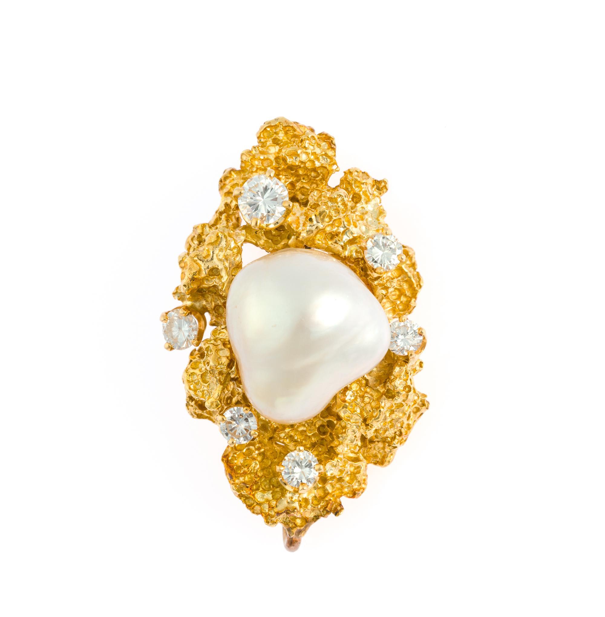 Mid-Century 18K Gold, Baroque Pearl, and Diamond Pendant Brooch