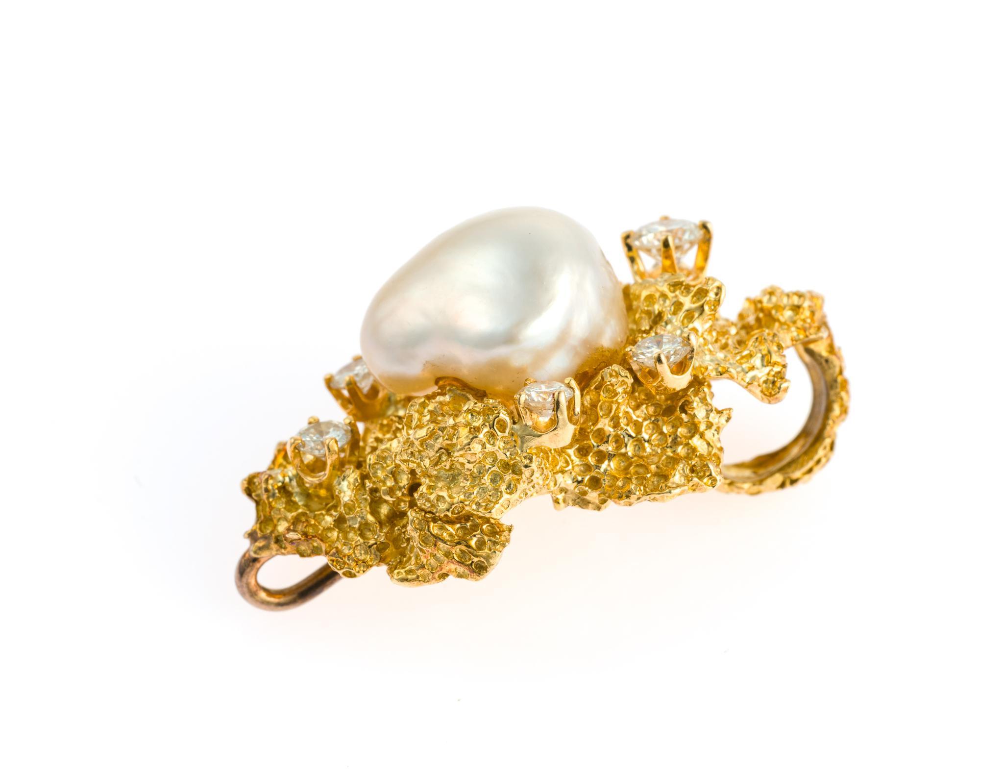 Mid-Century 18K Gold, Baroque Pearl, and Diamond Pendant Brooch