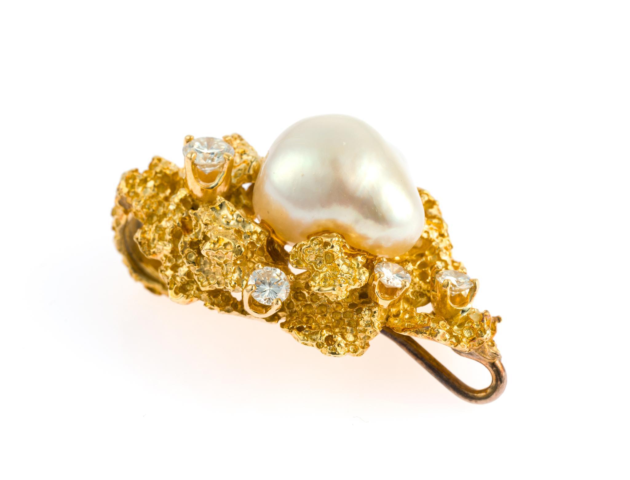 Mid-Century 18K Gold, Baroque Pearl, and Diamond Pendant Brooch