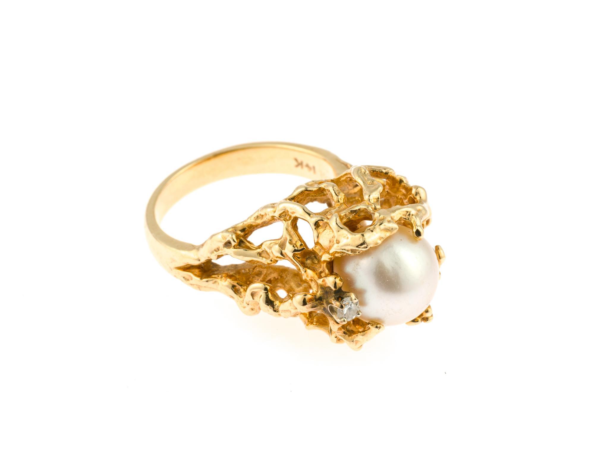Brutalist 14K Gold, Pearl, and Diamond Ring