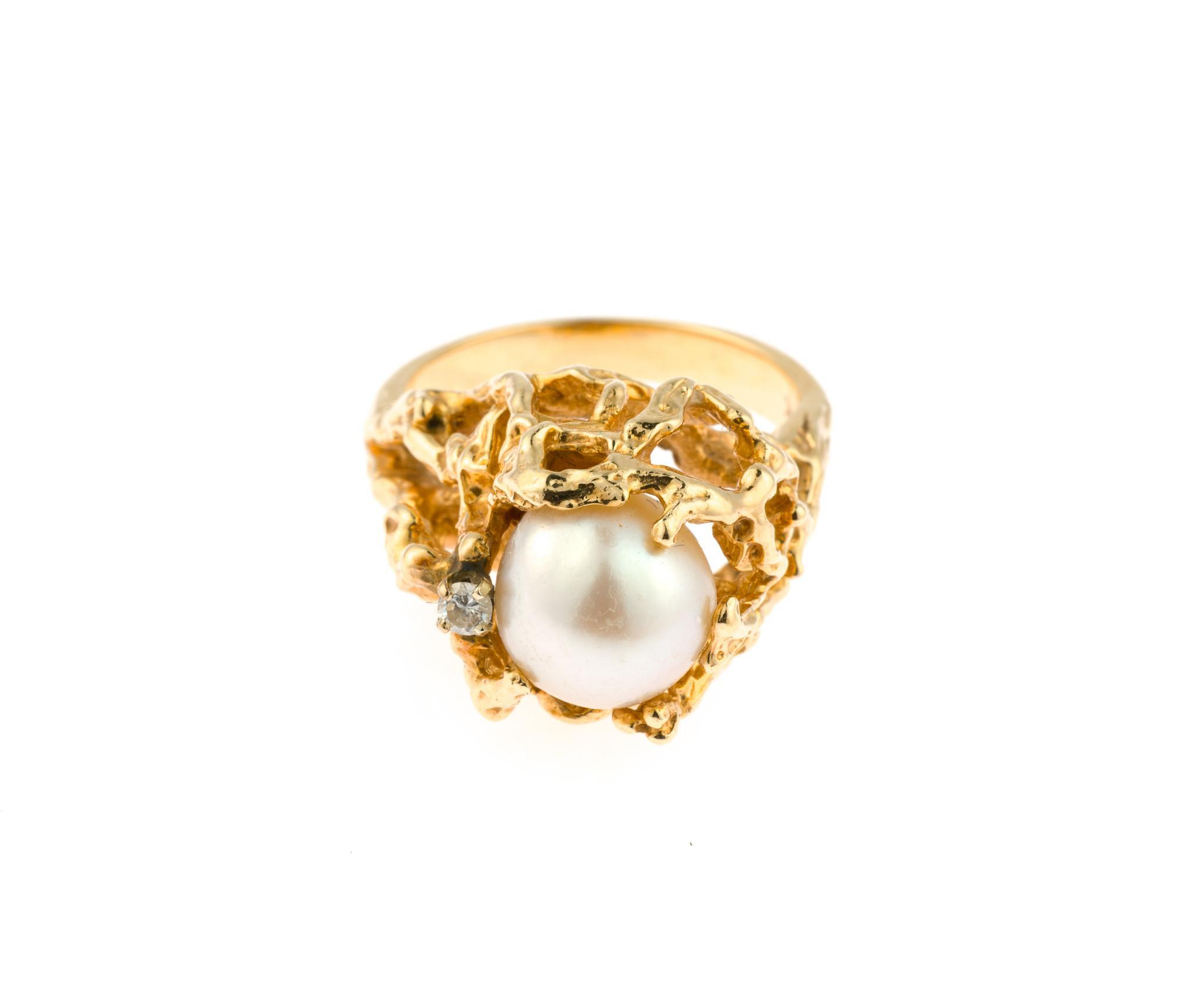 Brutalist 14K Gold, Pearl, and Diamond Ring