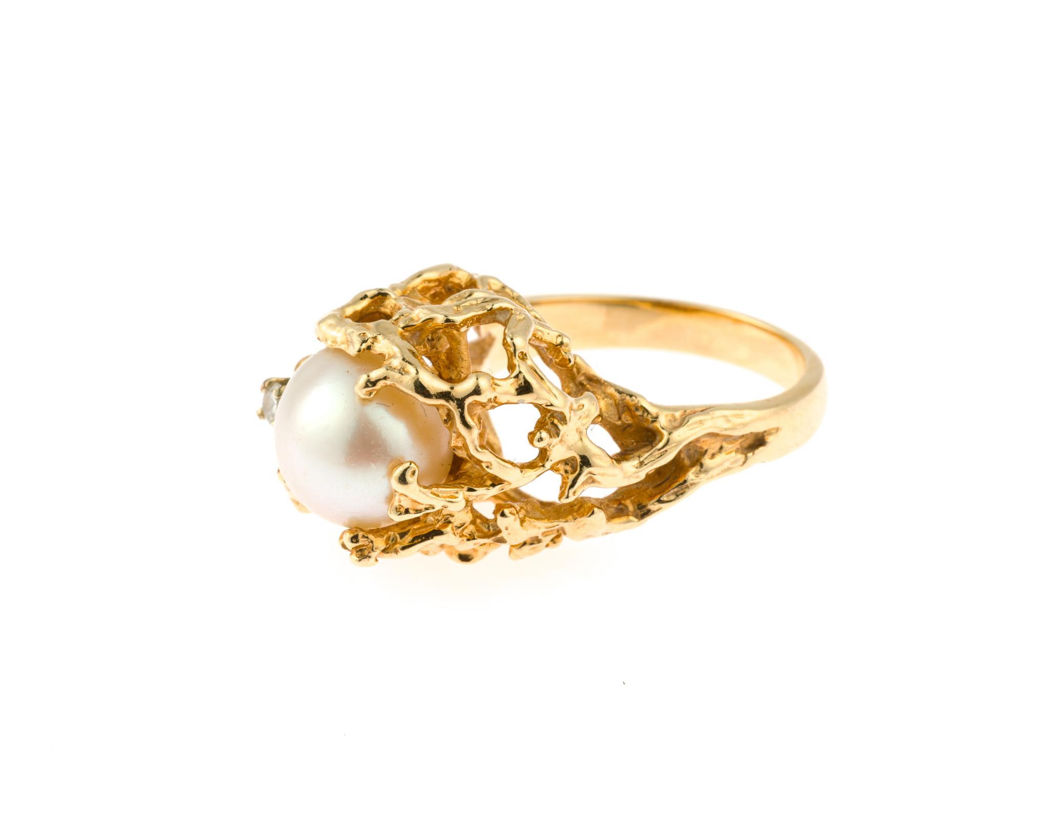 Brutalist 14K Gold, Pearl, and Diamond Ring