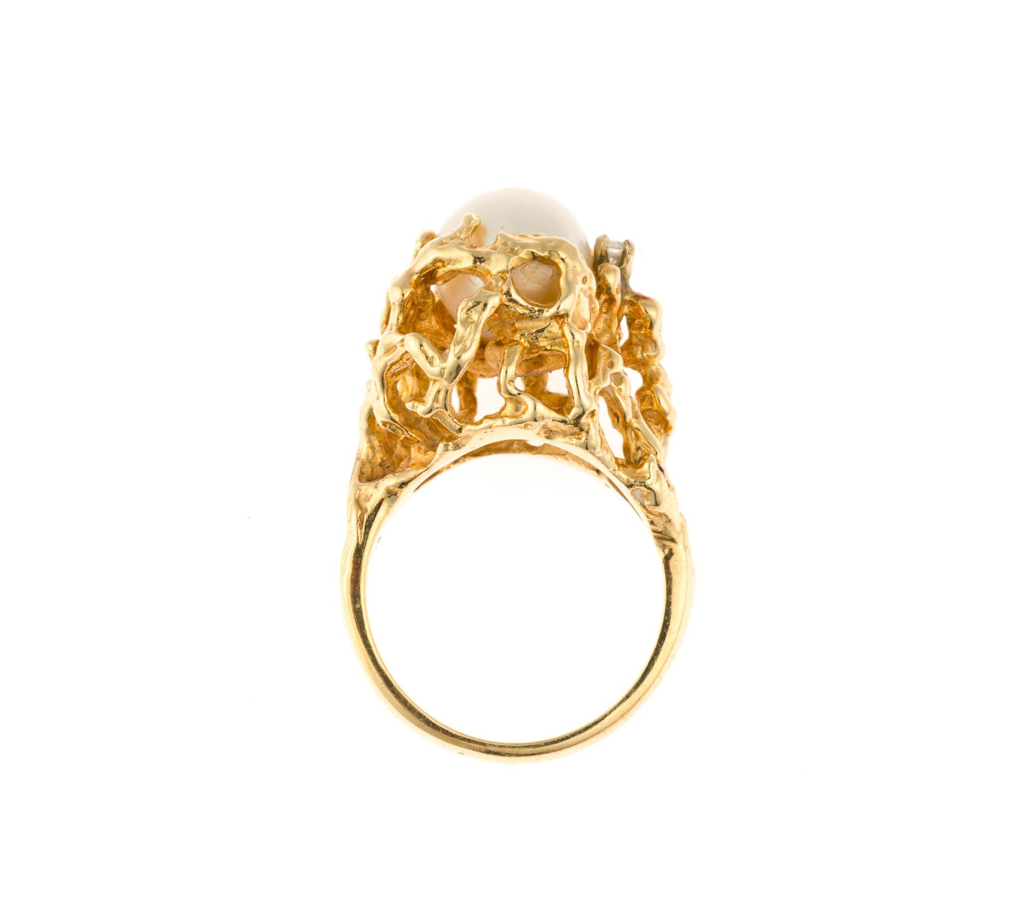 Brutalist 14K Gold, Pearl, and Diamond Ring