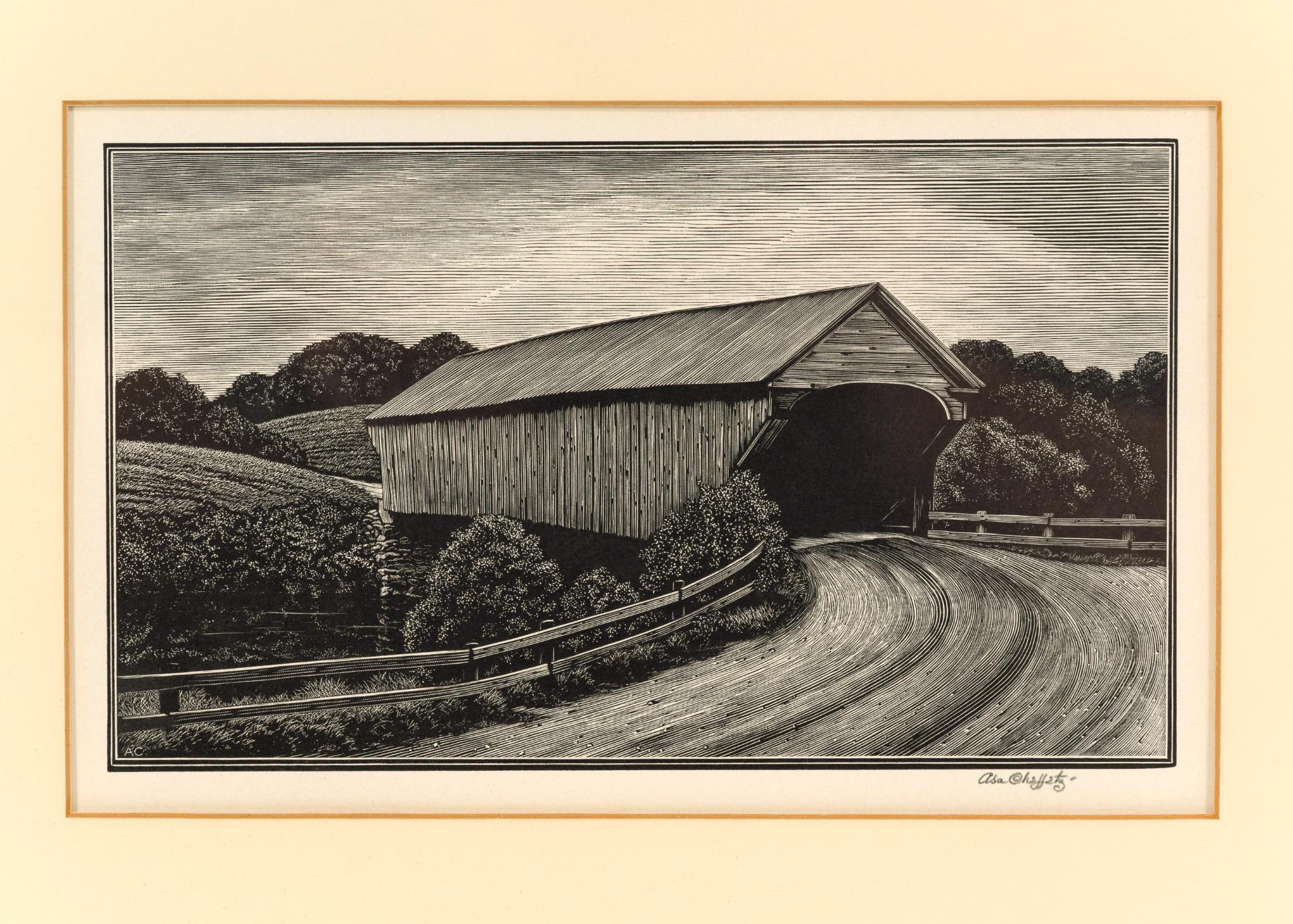 Asa Cheffetz "Covered Bridge" Signed Original Wood-Engraving