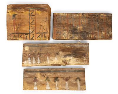 4 Egyptian Painted Wood Fragments. Includes figures, hieroglyphs, and livestock. Some fading to 