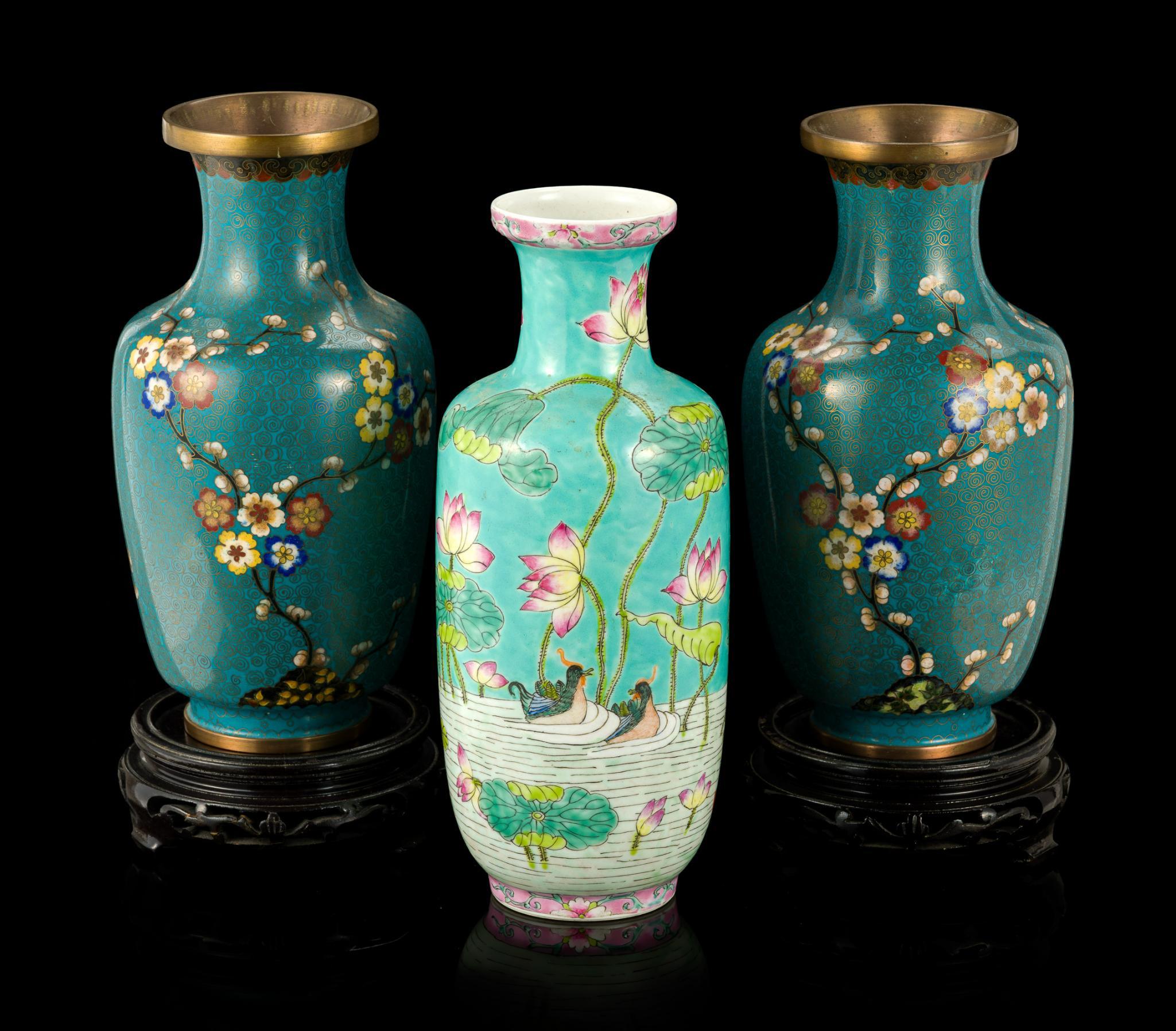 3 Chinese Vases Incl. Cloisonne and Famille Rose