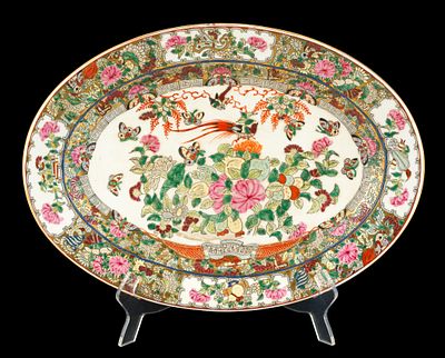Chinese Rose Medallion Platter. Large porcelain platter depicting a long-tailed pheasant amidst 