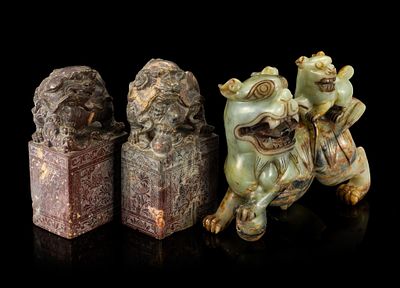3 Chinese Soapstone and Hardstone Carvings. Includes pair of foo dog Chinese seal soapstone 