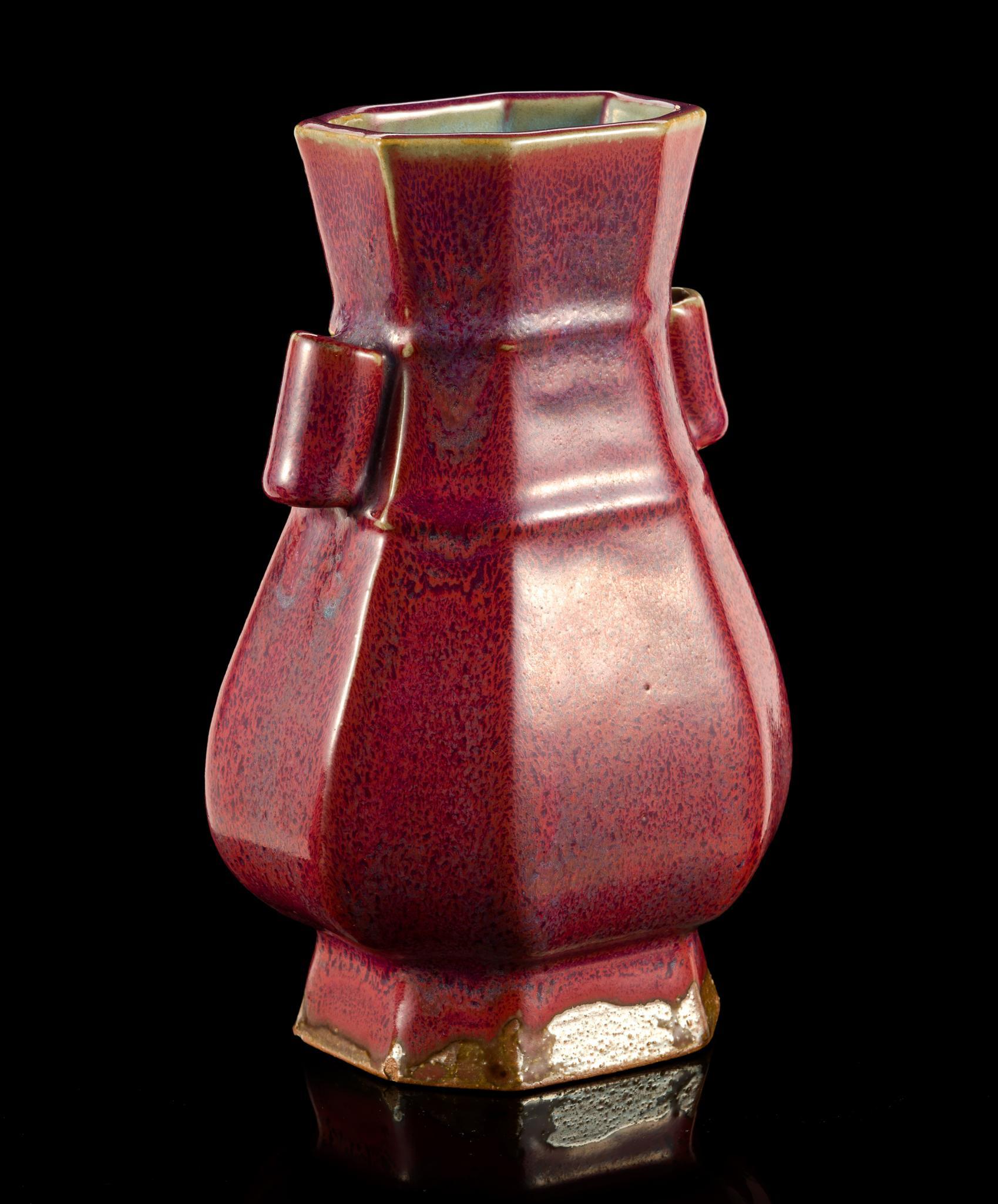 Chinese Flambe Glaze Hexagonal Fanghu Vase