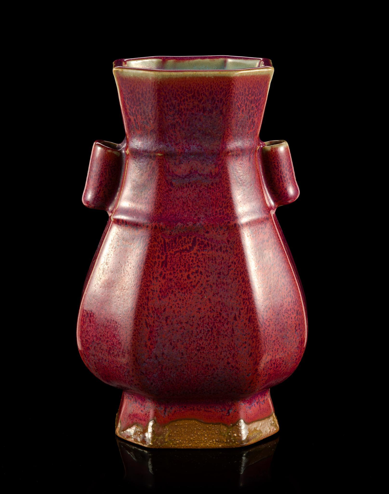 Chinese Flambe Glaze Hexagonal Fanghu Vase