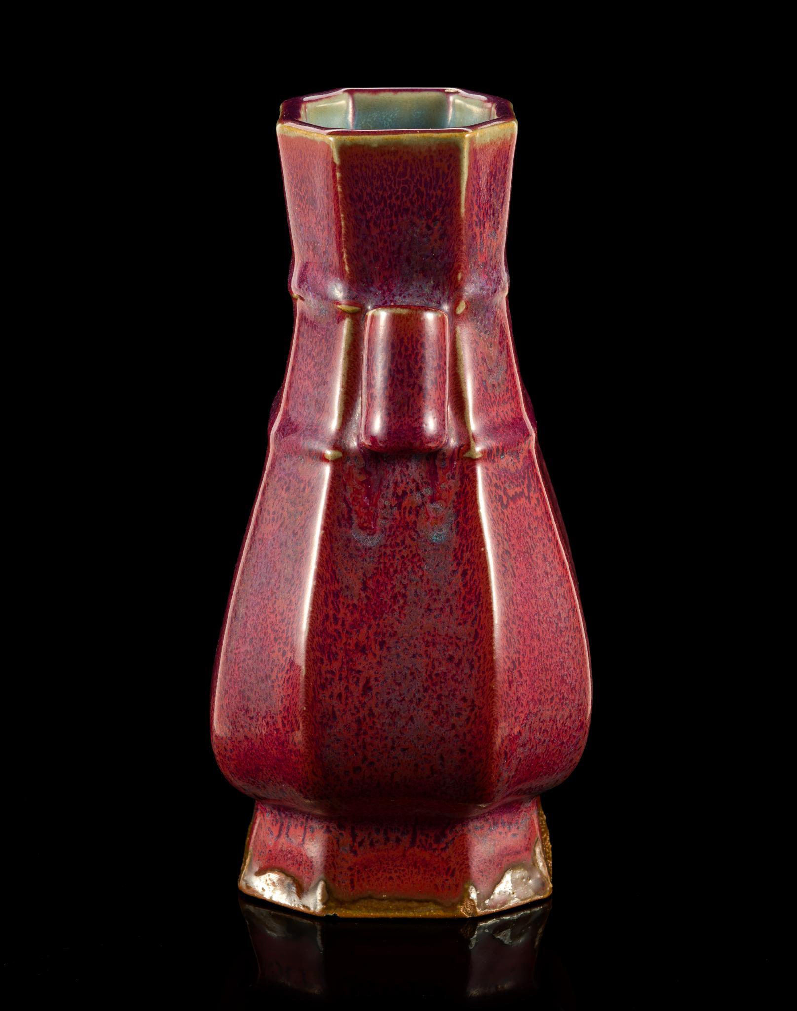 Chinese Flambe Glaze Hexagonal Fanghu Vase