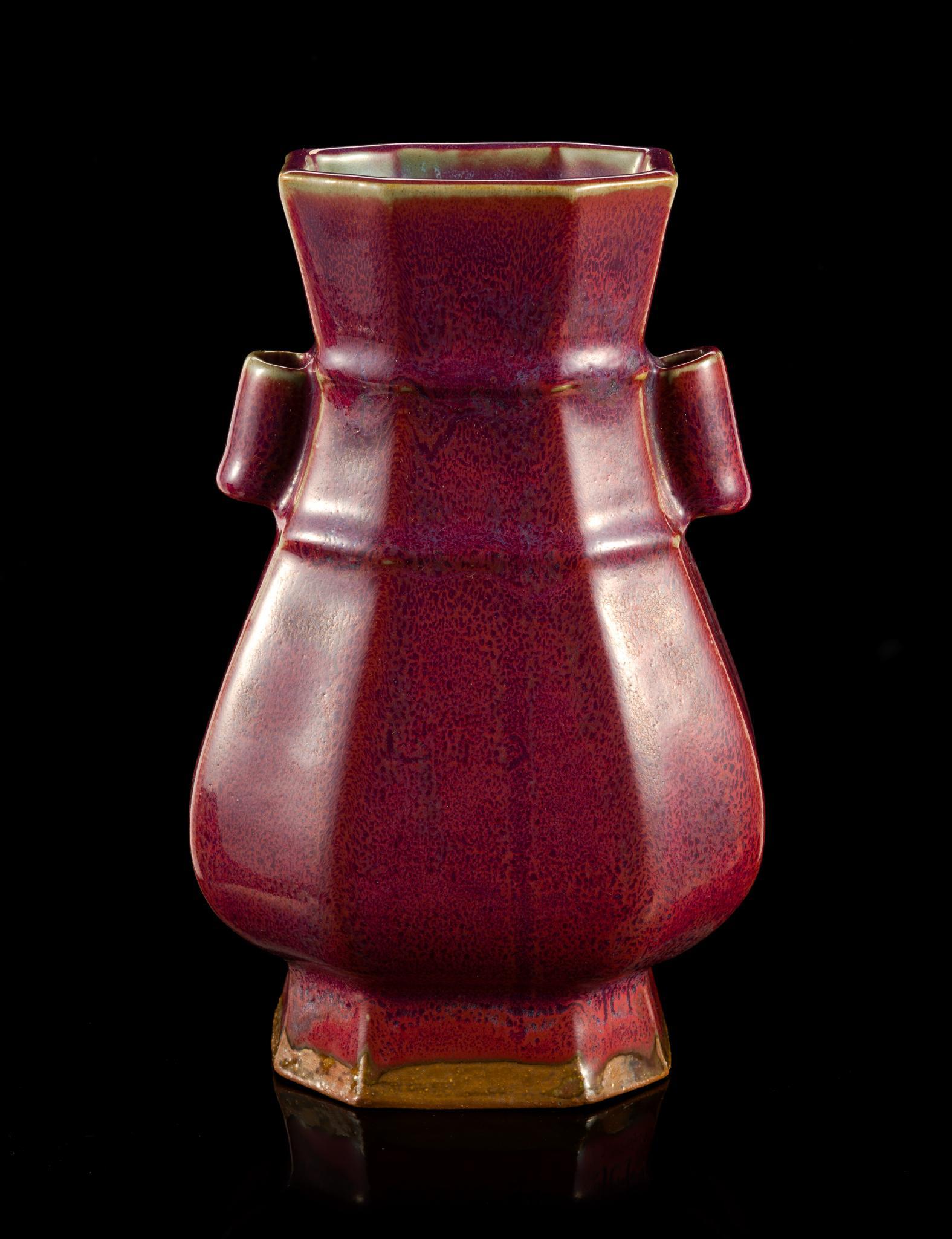 Chinese Flambe Glaze Hexagonal Fanghu Vase