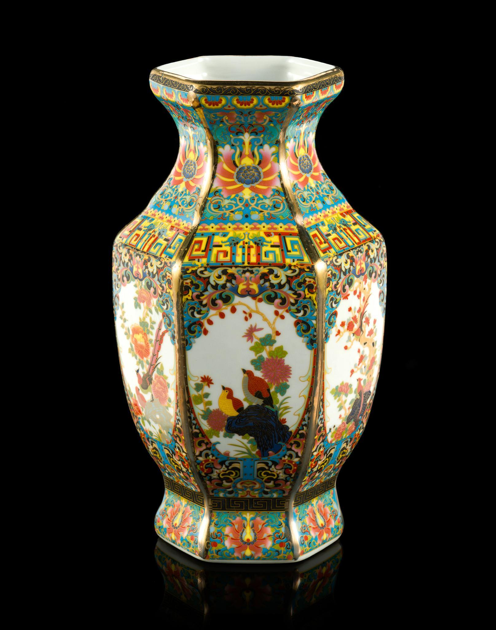 Chinese Famille Rose Hexagonal Vase
