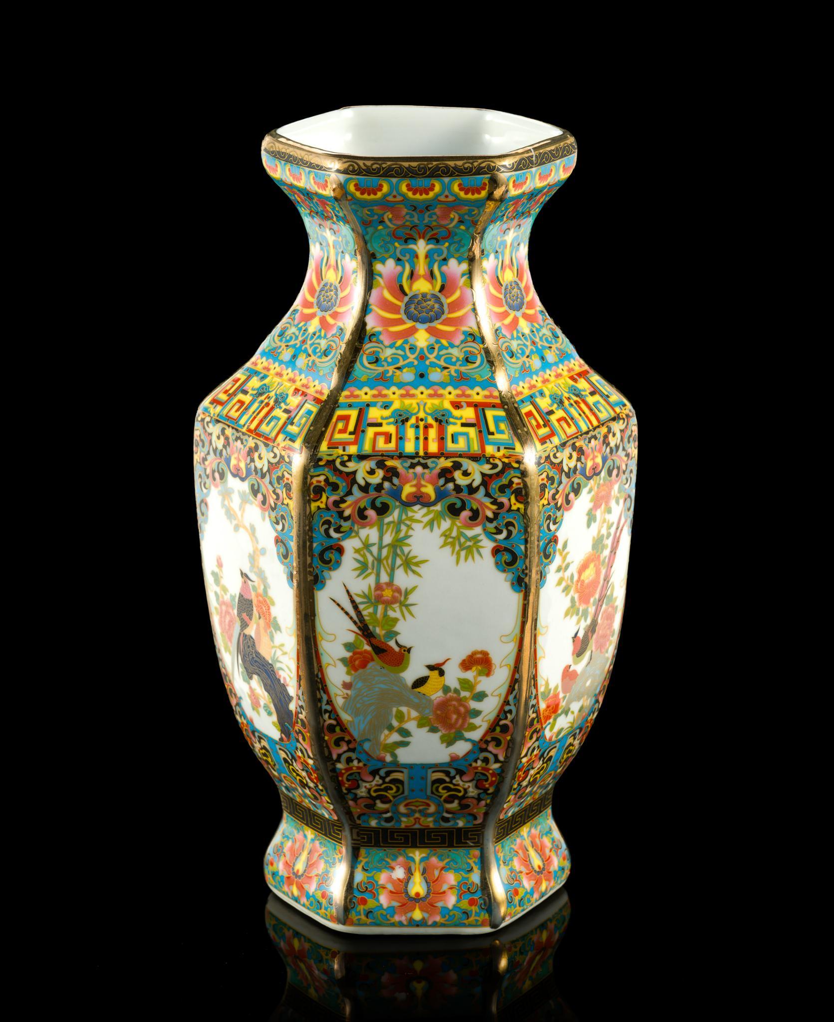 Chinese Famille Rose Hexagonal Vase