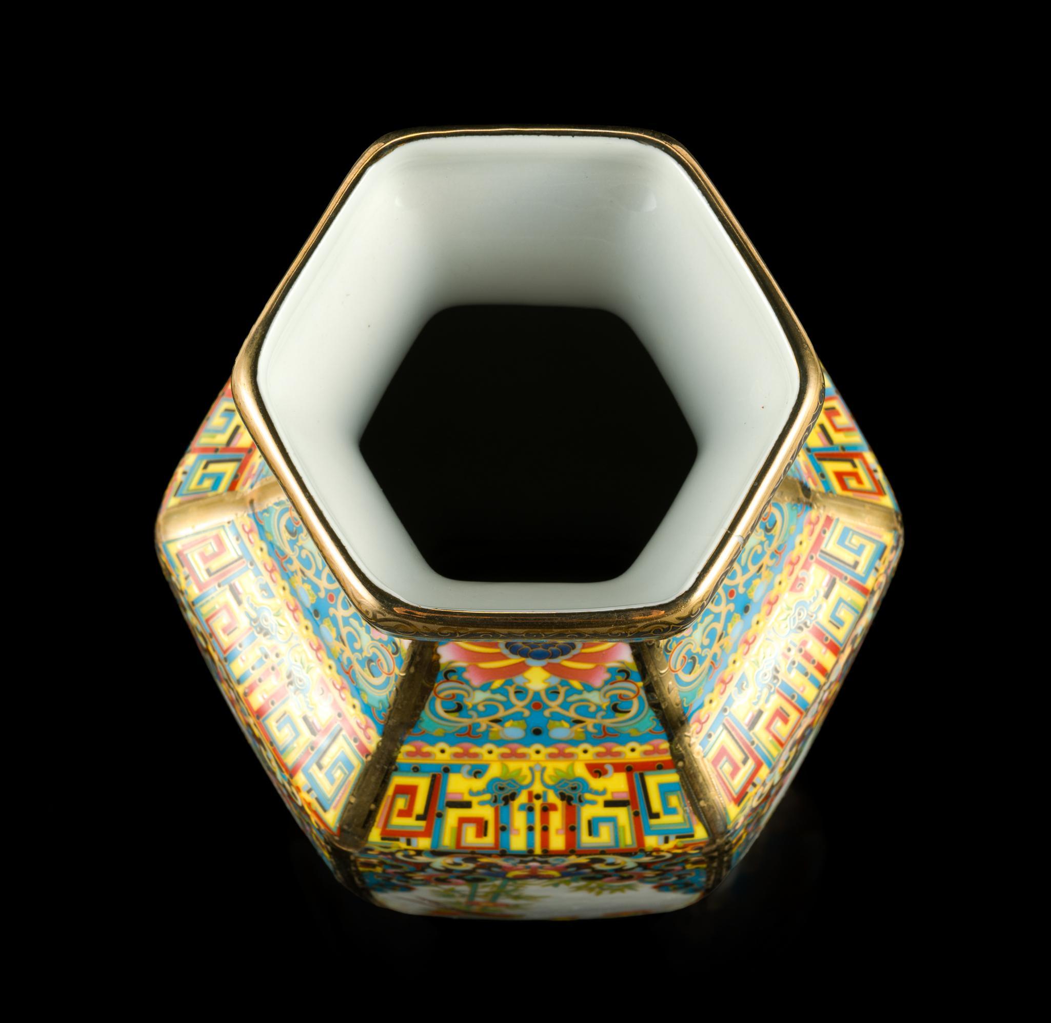 Chinese Famille Rose Hexagonal Vase