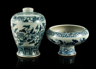 2 Chinese Blue and White Crackle-Glazed Vessels. The stem cup is 5 1/8" diameter and the vase is 